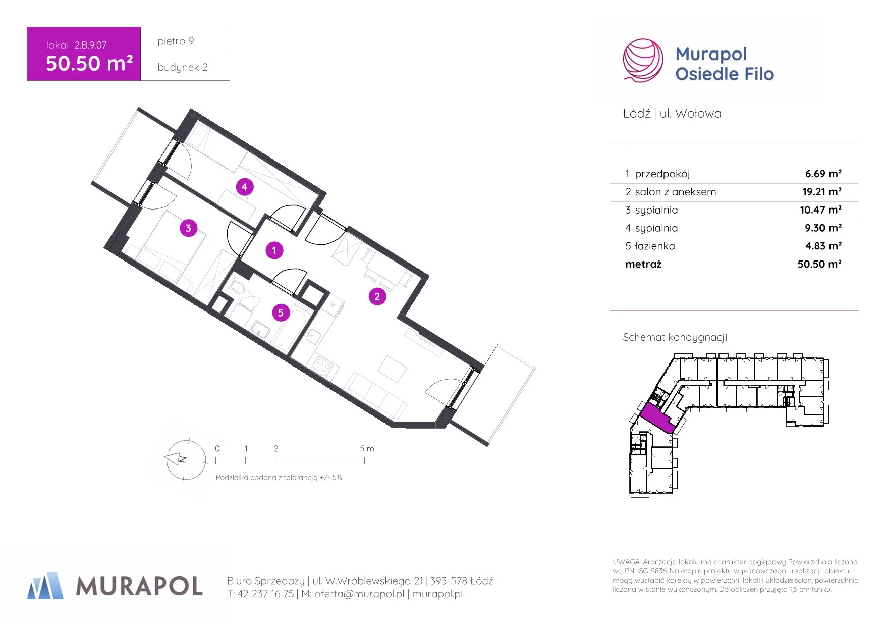 3 pokoje, mieszkanie 50,50 m², piętro 9, oferta nr 2.B.9.07, Murapol Osiedle Filo, Łódź, Polesie, Stare Polesie, ul. Wołowa