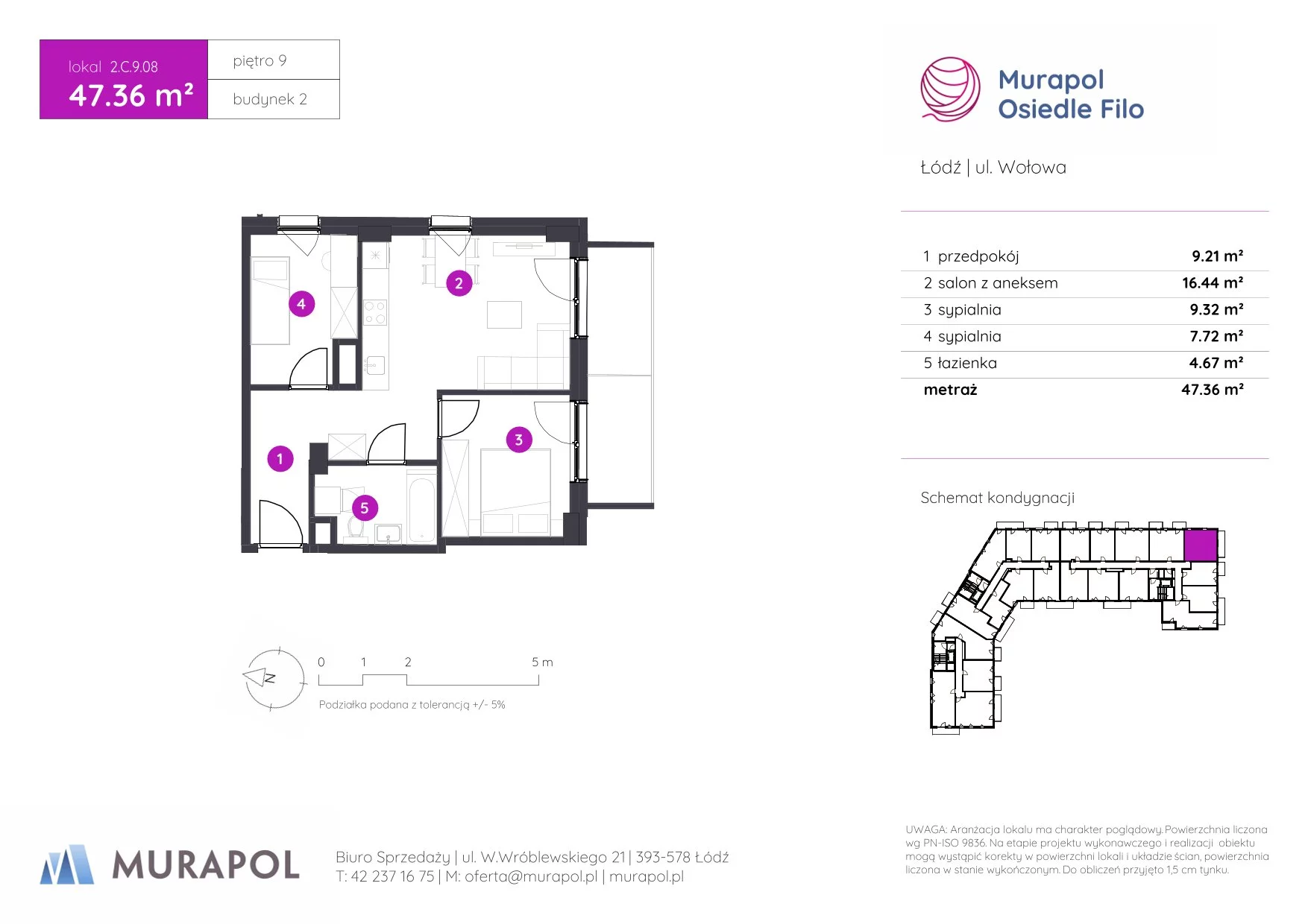 3 pokoje, mieszkanie 47,36 m², piętro 9, oferta nr 2.C.9.08, Murapol Osiedle Filo, Łódź, Polesie, Stare Polesie, ul. Wołowa
