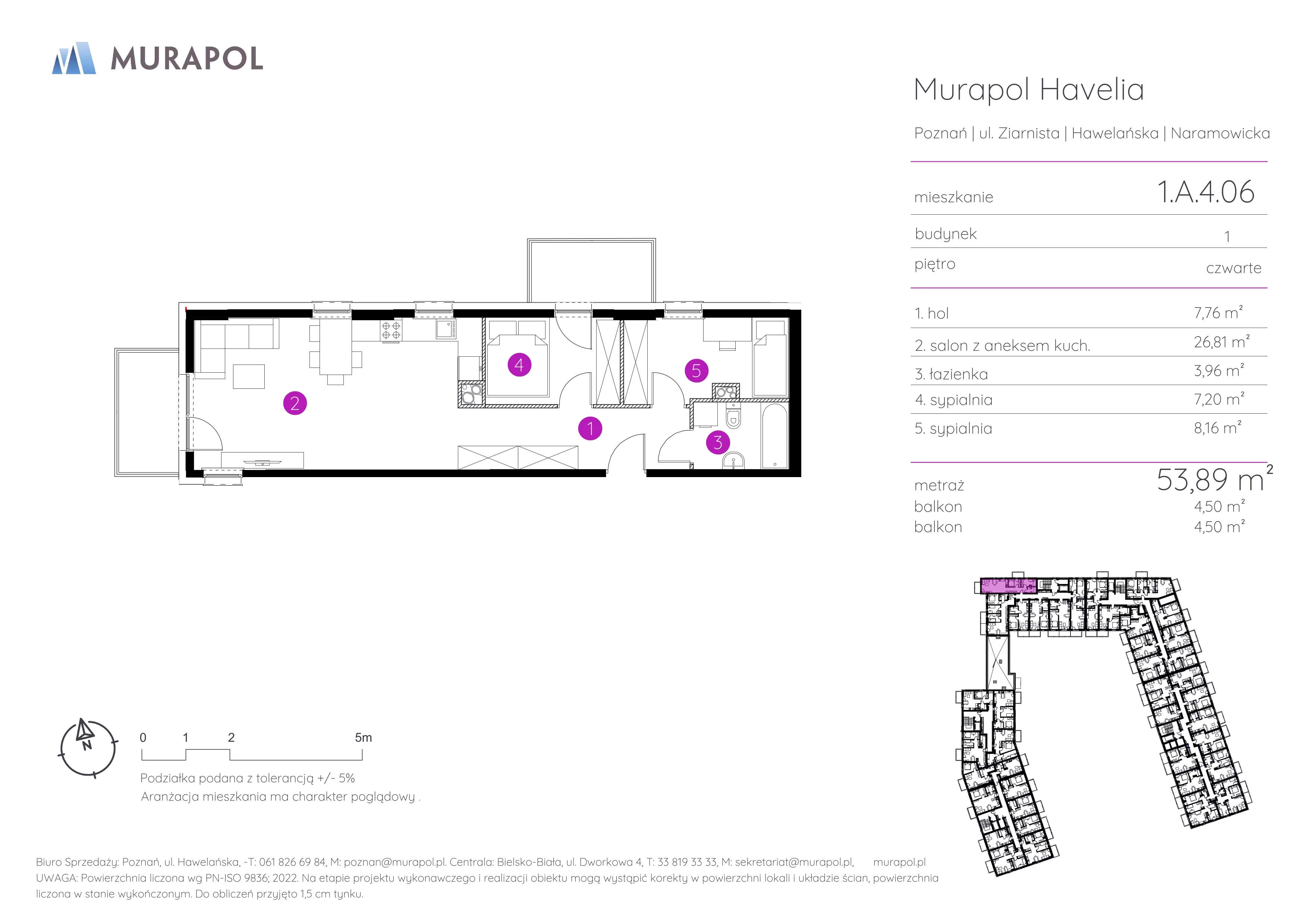 Mieszkanie 53,89 m², piętro 4, oferta nr 1.A.4.06, Murapol Havelia, Poznań, Winogrady, Stare Winogrady, ul. Ziarnista / Naramowicka