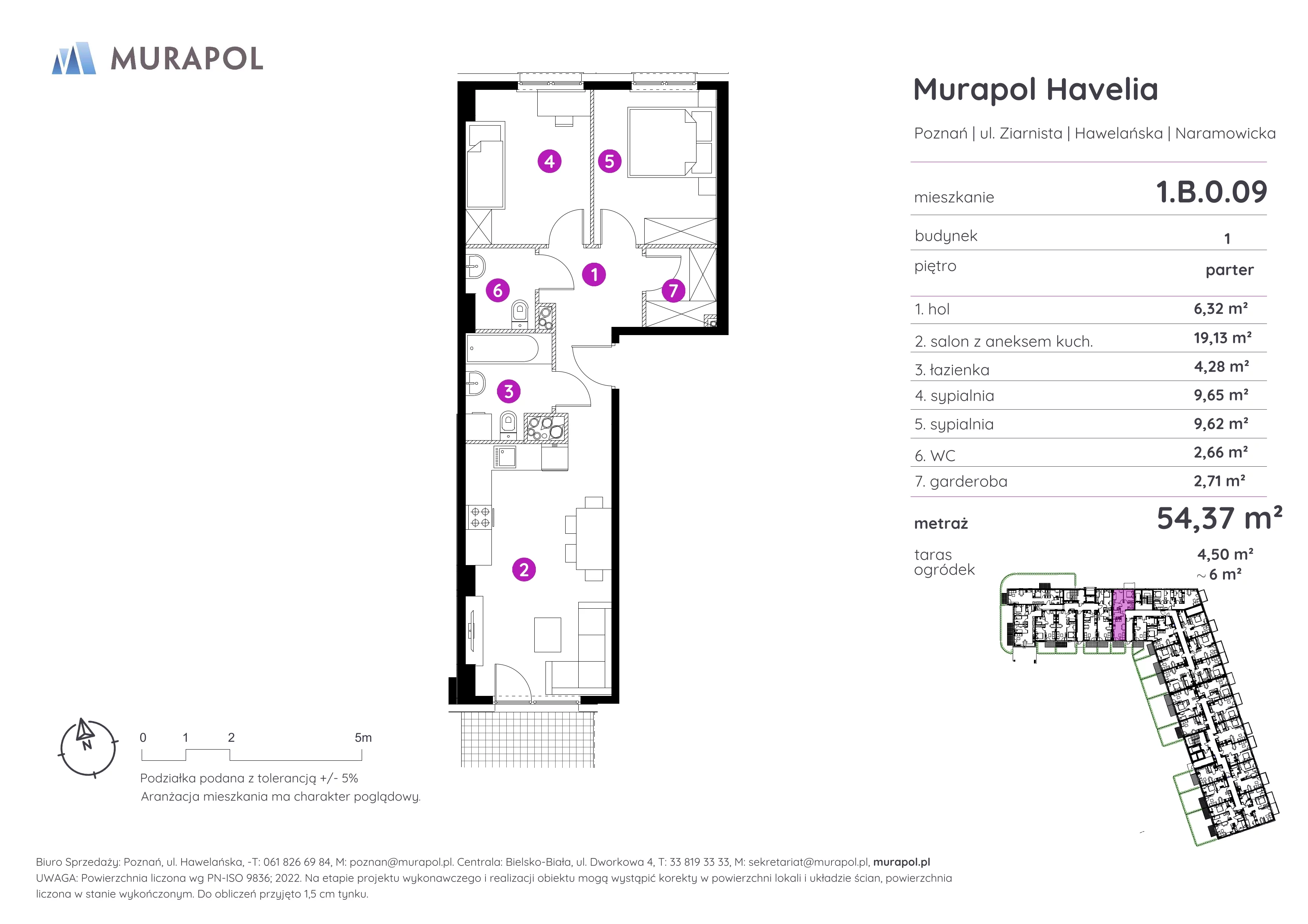 Mieszkanie 54,37 m², parter, oferta nr 1.B.0.09, Murapol Havelia, Poznań, Winogrady, Stare Winogrady, ul. Ziarnista / Naramowicka