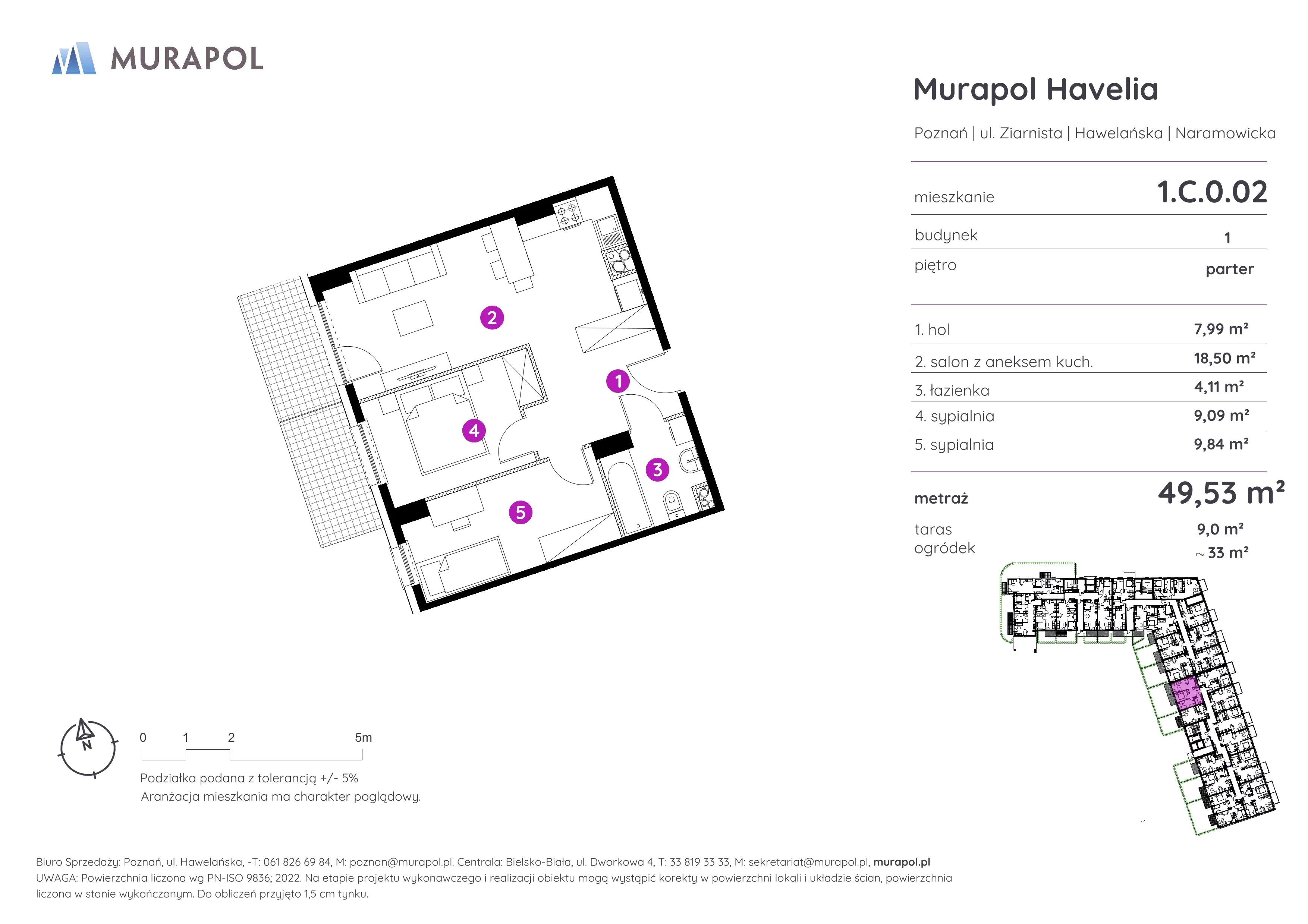 Mieszkanie 49,53 m², parter, oferta nr 1.C.0.02, Murapol Havelia, Poznań, Winogrady, Stare Winogrady, ul. Ziarnista / Naramowicka