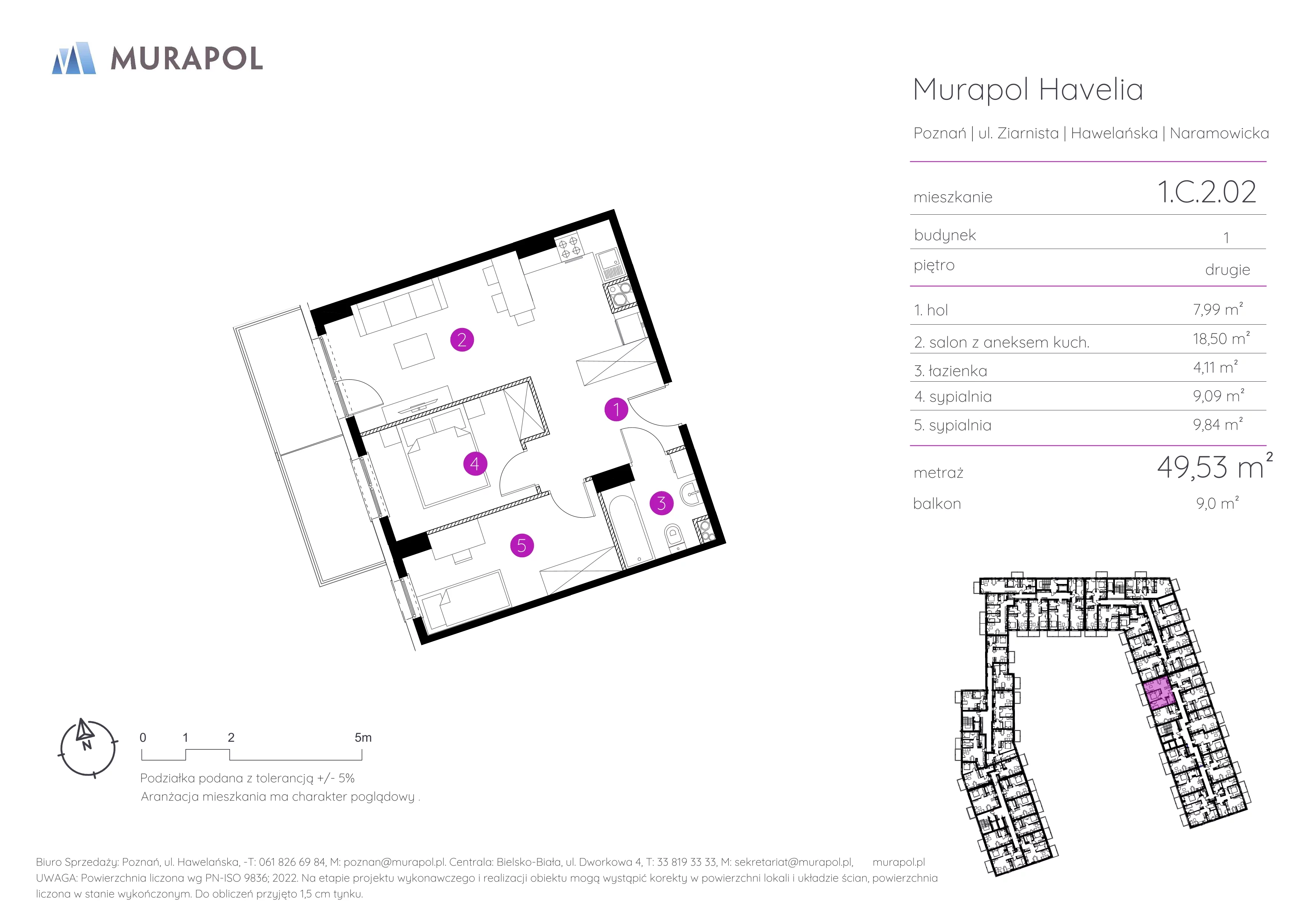 Mieszkanie 49,53 m², piętro 2, oferta nr 1.C.2.02, Murapol Havelia, Poznań, Winogrady, Stare Winogrady, ul. Ziarnista / Naramowicka