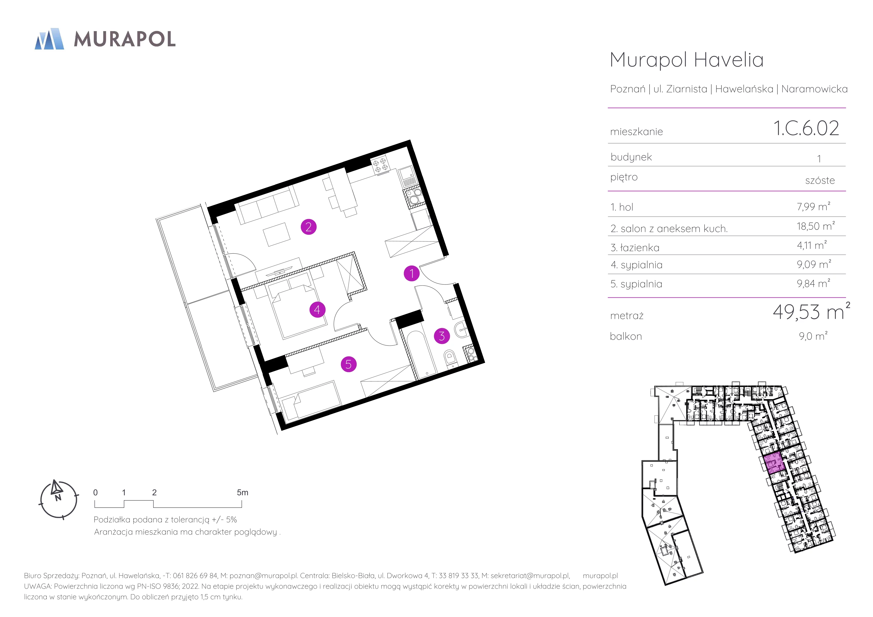 Mieszkanie 49,53 m², piętro 6, oferta nr 1.C.6.02, Murapol Havelia, Poznań, Winogrady, Stare Winogrady, ul. Ziarnista / Naramowicka