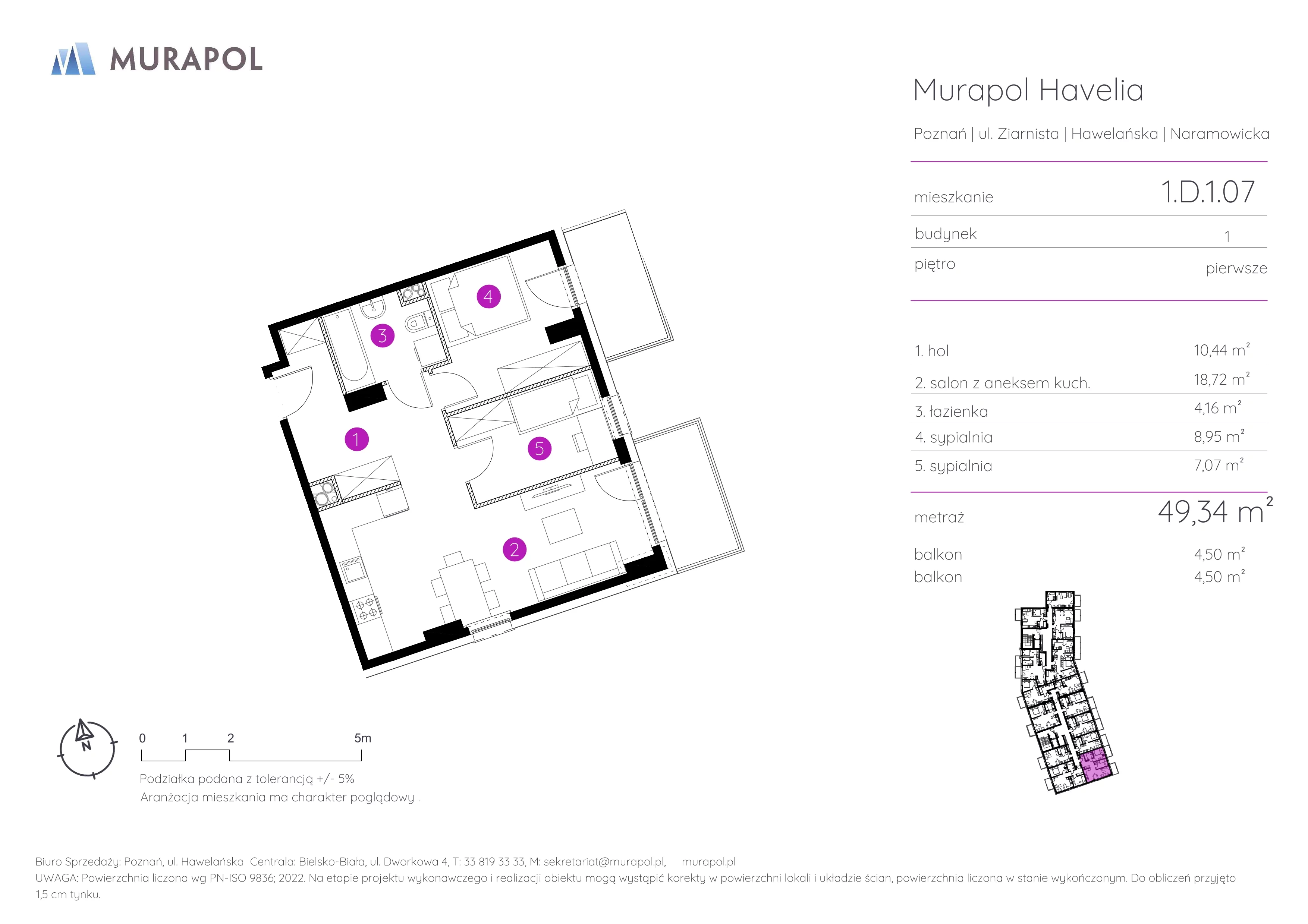 Mieszkanie 49,34 m², piętro 1, oferta nr 1.D.1.07, Murapol Havelia, Poznań, Winogrady, Stare Winogrady, ul. Ziarnista / Naramowicka