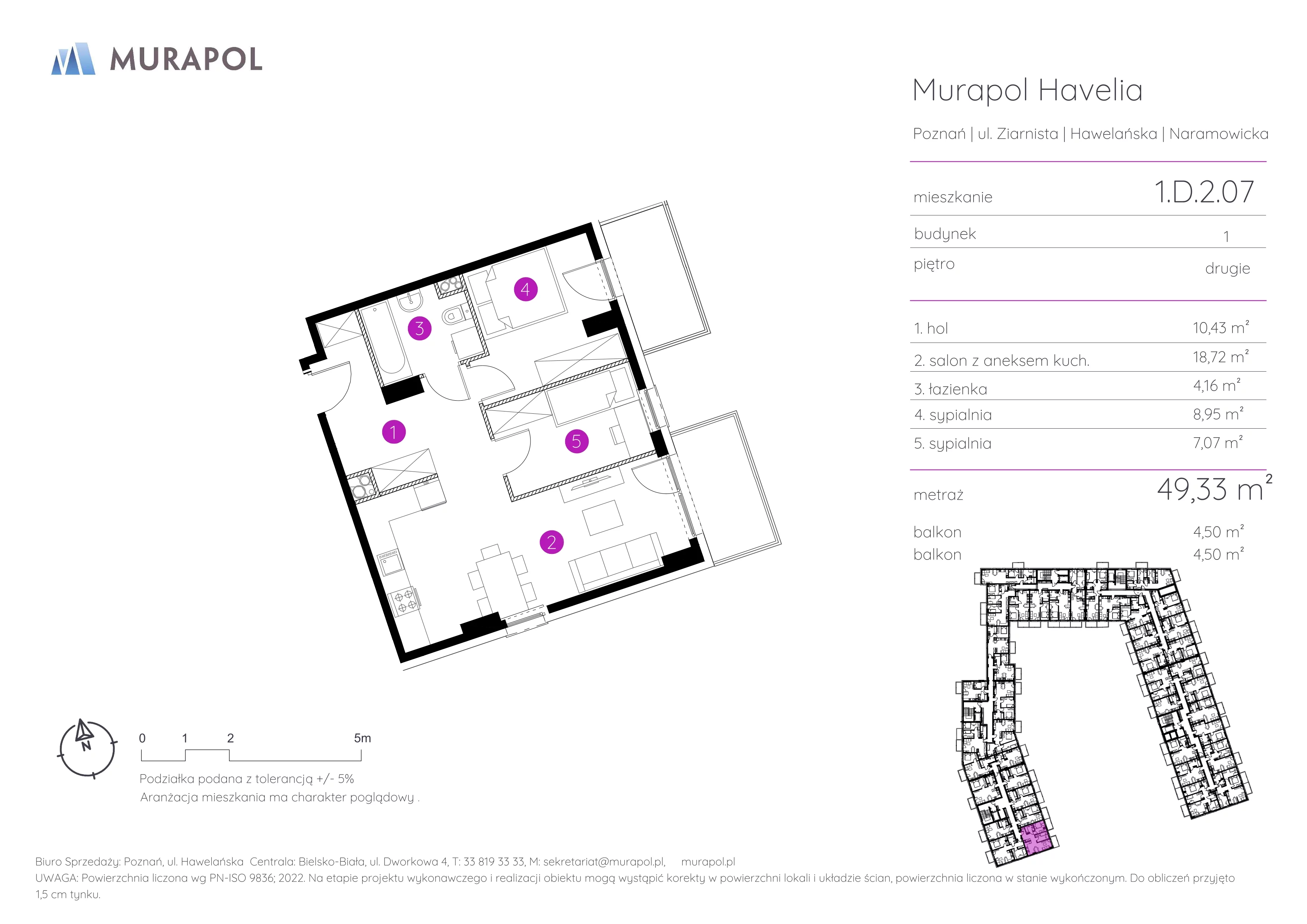 Mieszkanie 49,33 m², piętro 2, oferta nr 1.D.2.07, Murapol Havelia, Poznań, Winogrady, Stare Winogrady, ul. Ziarnista / Naramowicka