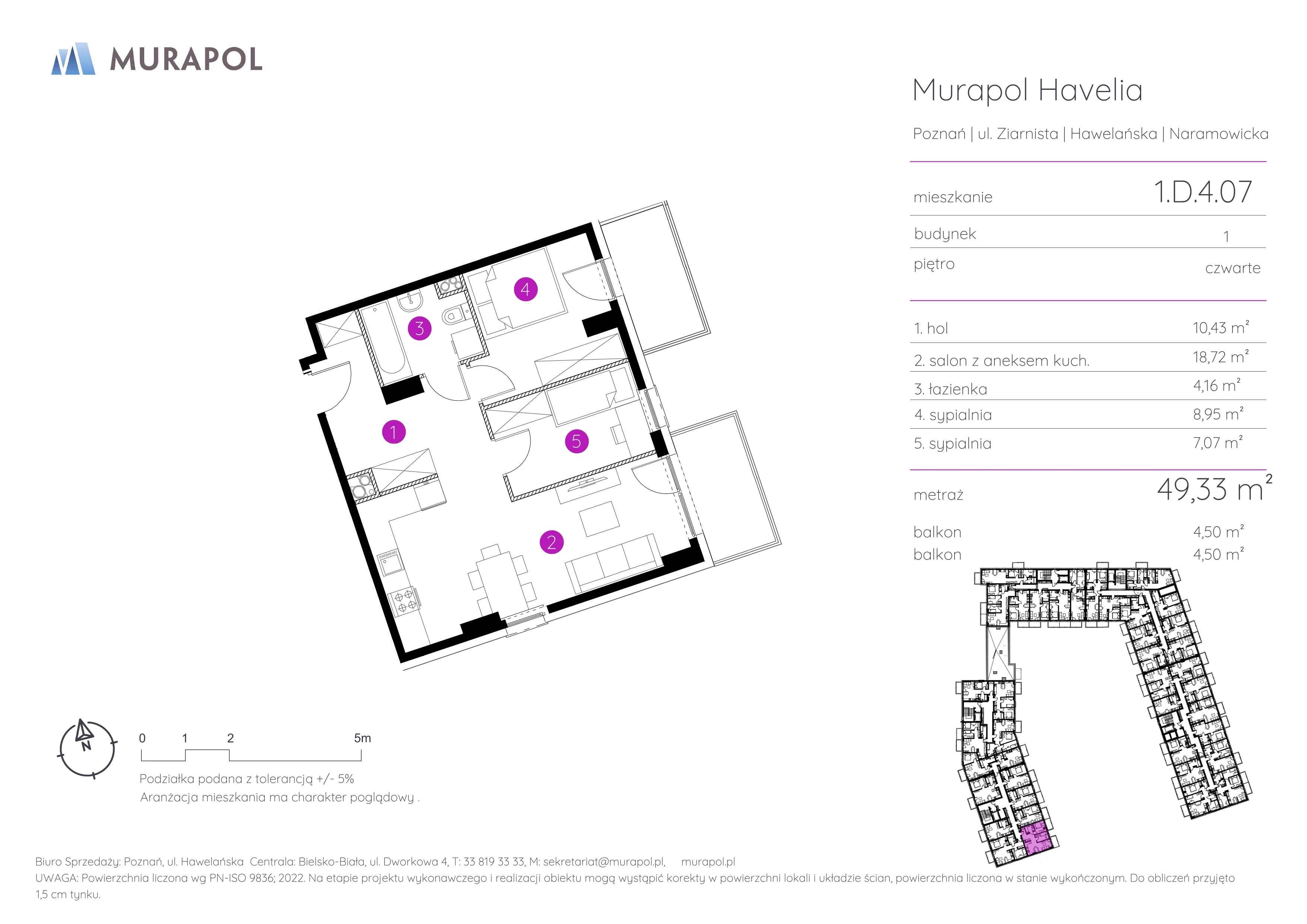 Mieszkanie 49,33 m², piętro 4, oferta nr 1.D.4.07, Murapol Havelia, Poznań, Winogrady, Stare Winogrady, ul. Ziarnista / Naramowicka