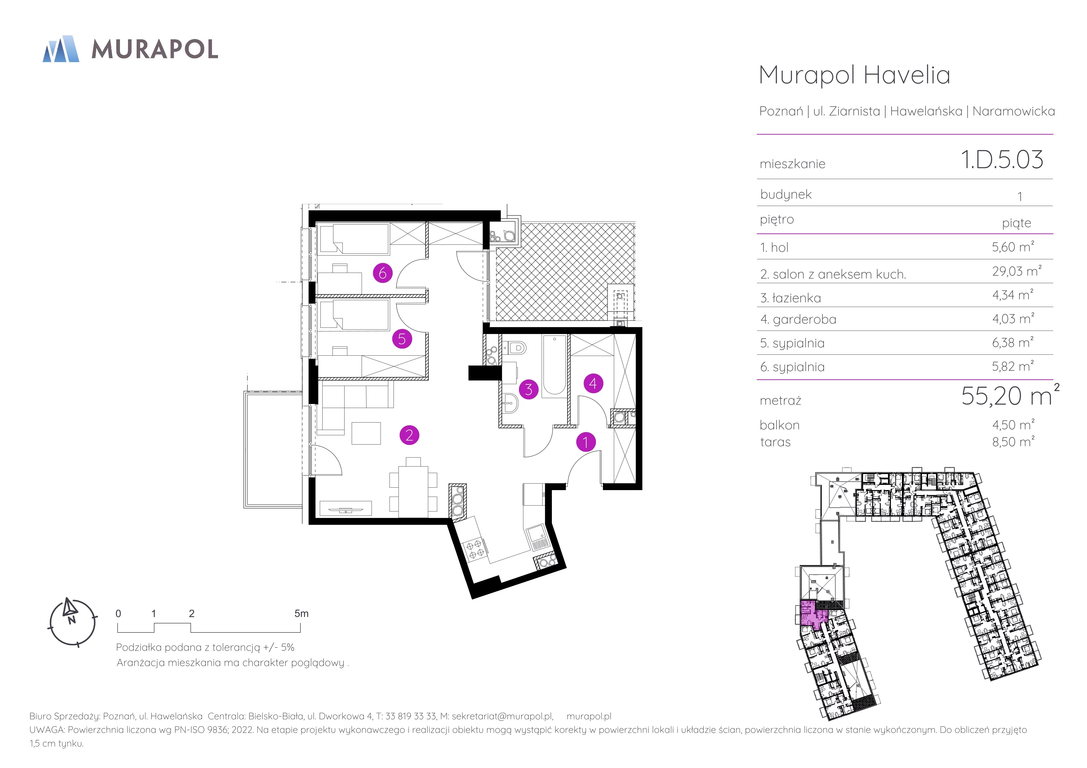 Mieszkanie 55,20 m², piętro 5, oferta nr 1.D.5.03, Murapol Havelia, Poznań, Winogrady, Stare Winogrady, ul. Ziarnista / Naramowicka