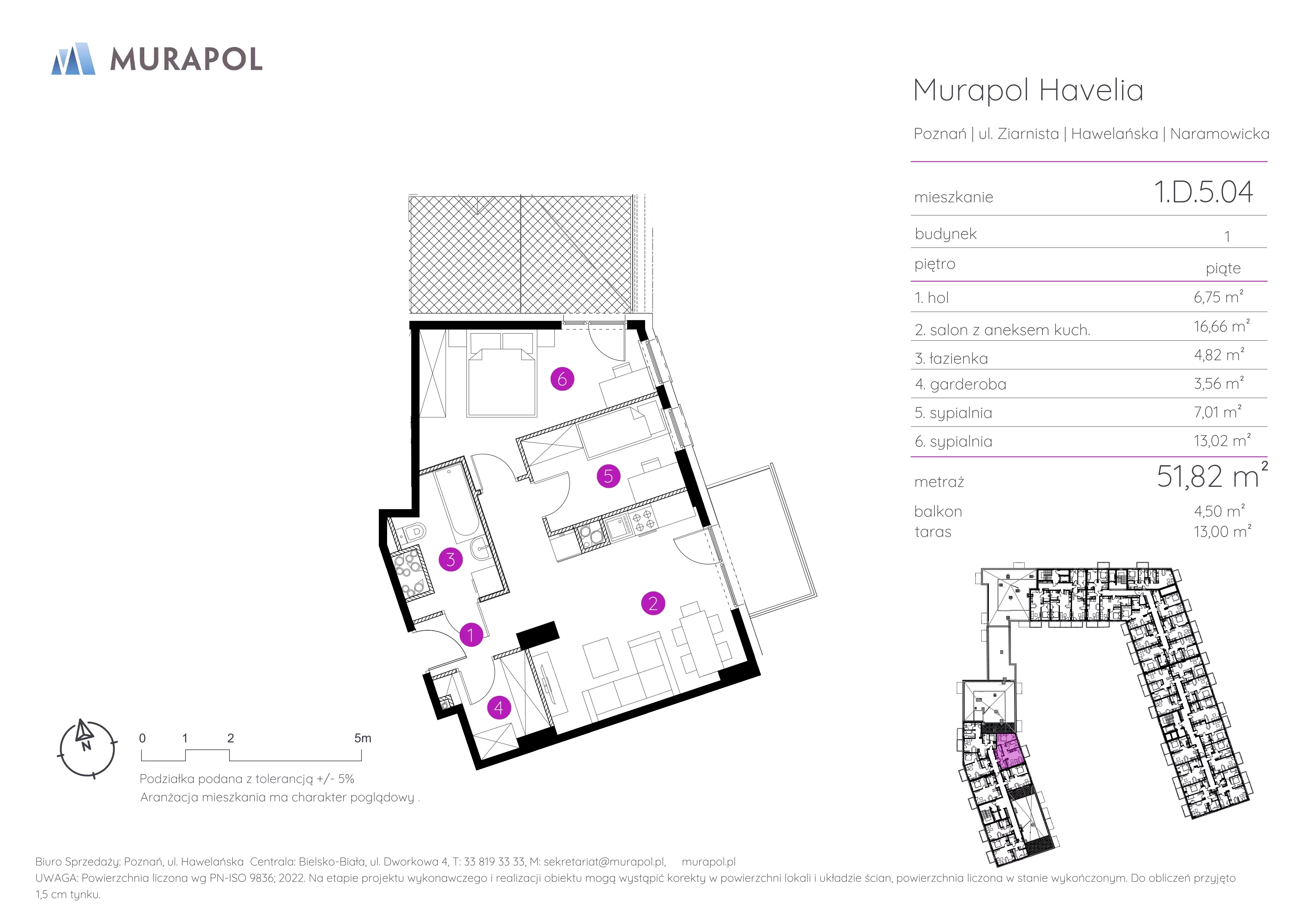 Mieszkanie 51,82 m², piętro 5, oferta nr 1.D.5.04, Murapol Havelia, Poznań, Winogrady, Stare Winogrady, ul. Ziarnista / Naramowicka