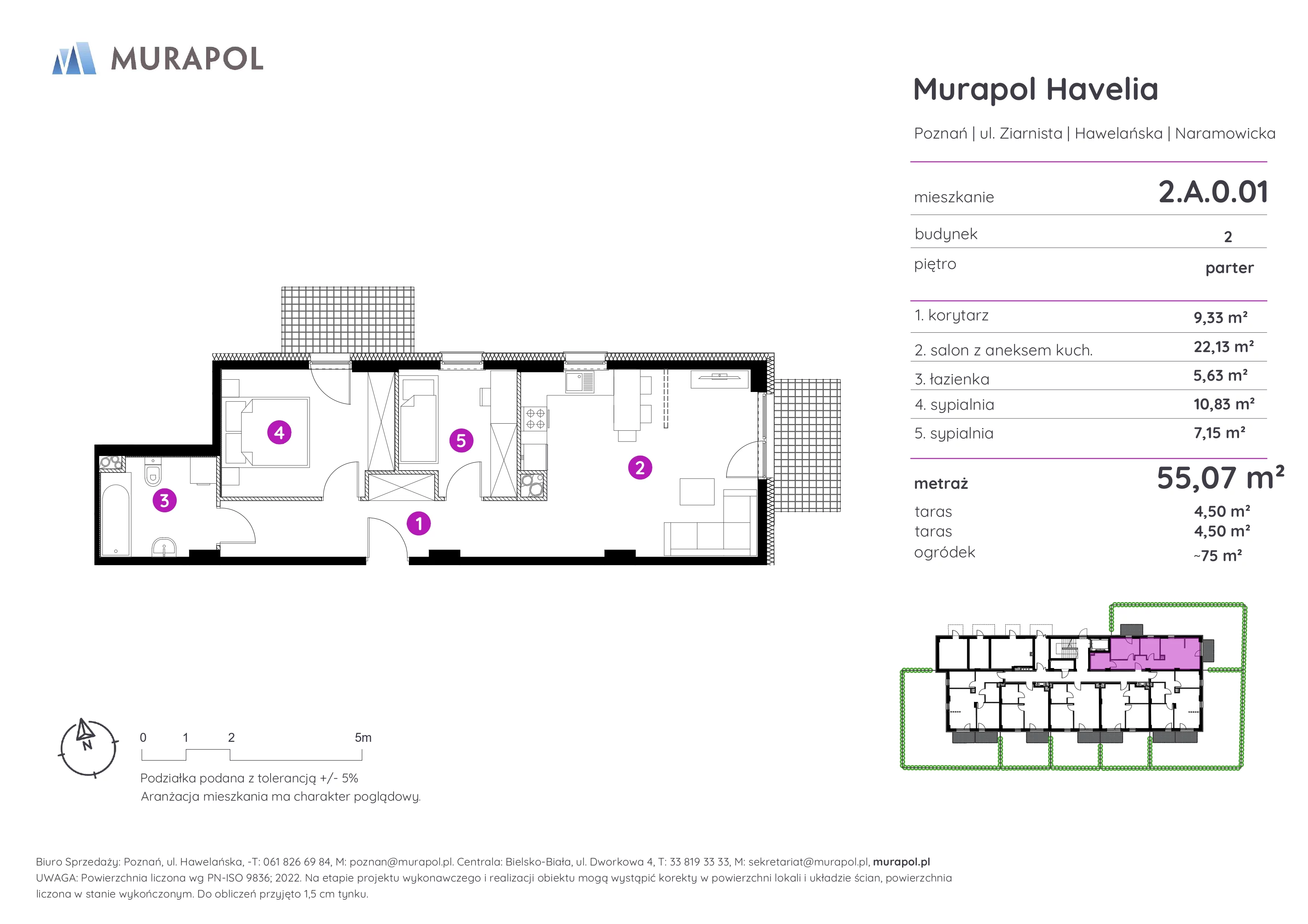 Mieszkanie 55,07 m², parter, oferta nr 2.A.0.01, Murapol Havelia, Poznań, Winogrady, Stare Winogrady, ul. Ziarnista / Naramowicka