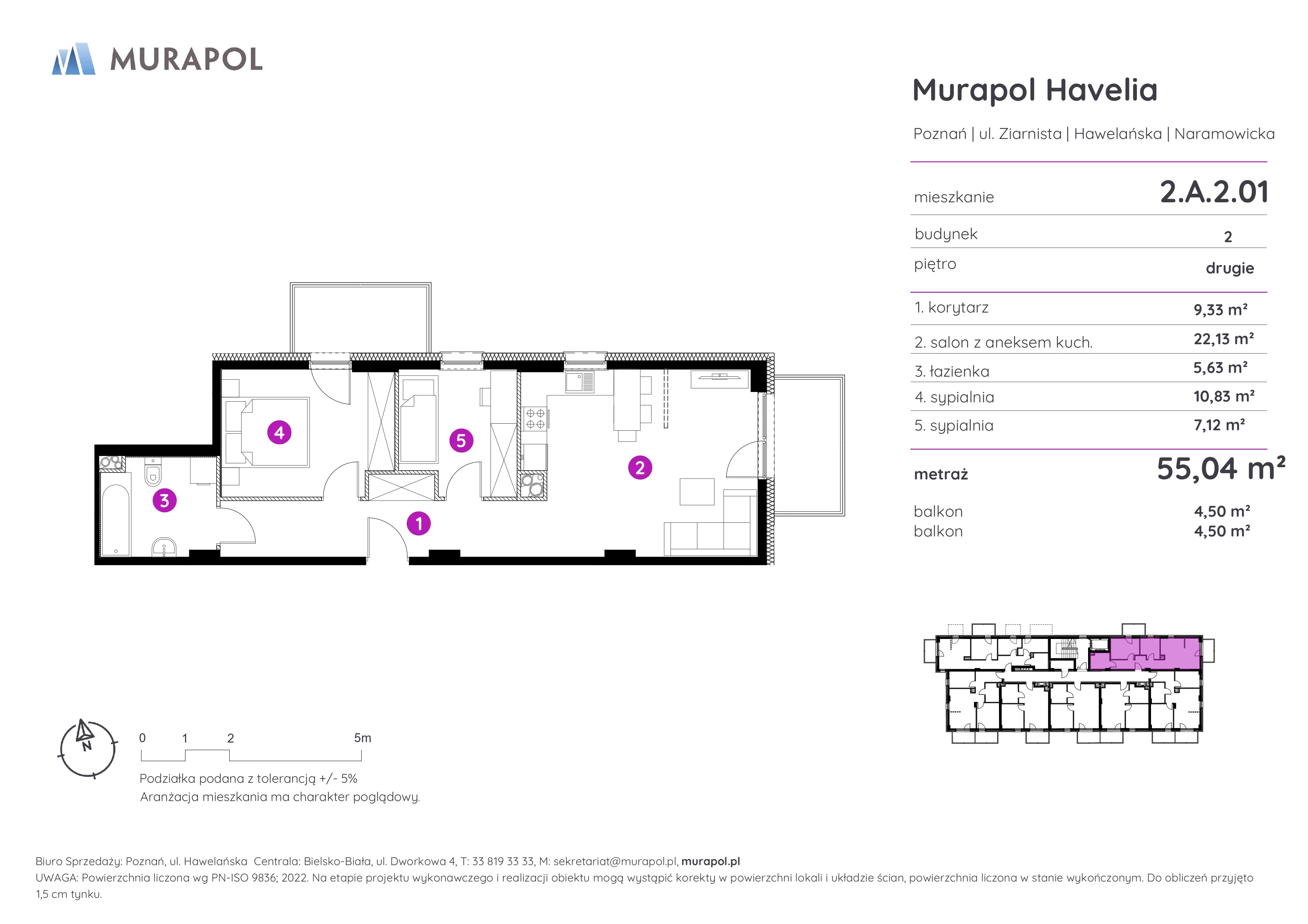 Mieszkanie 55,04 m², piętro 2, oferta nr 2.A.2.01, Murapol Havelia, Poznań, Winogrady, Stare Winogrady, ul. Ziarnista / Naramowicka