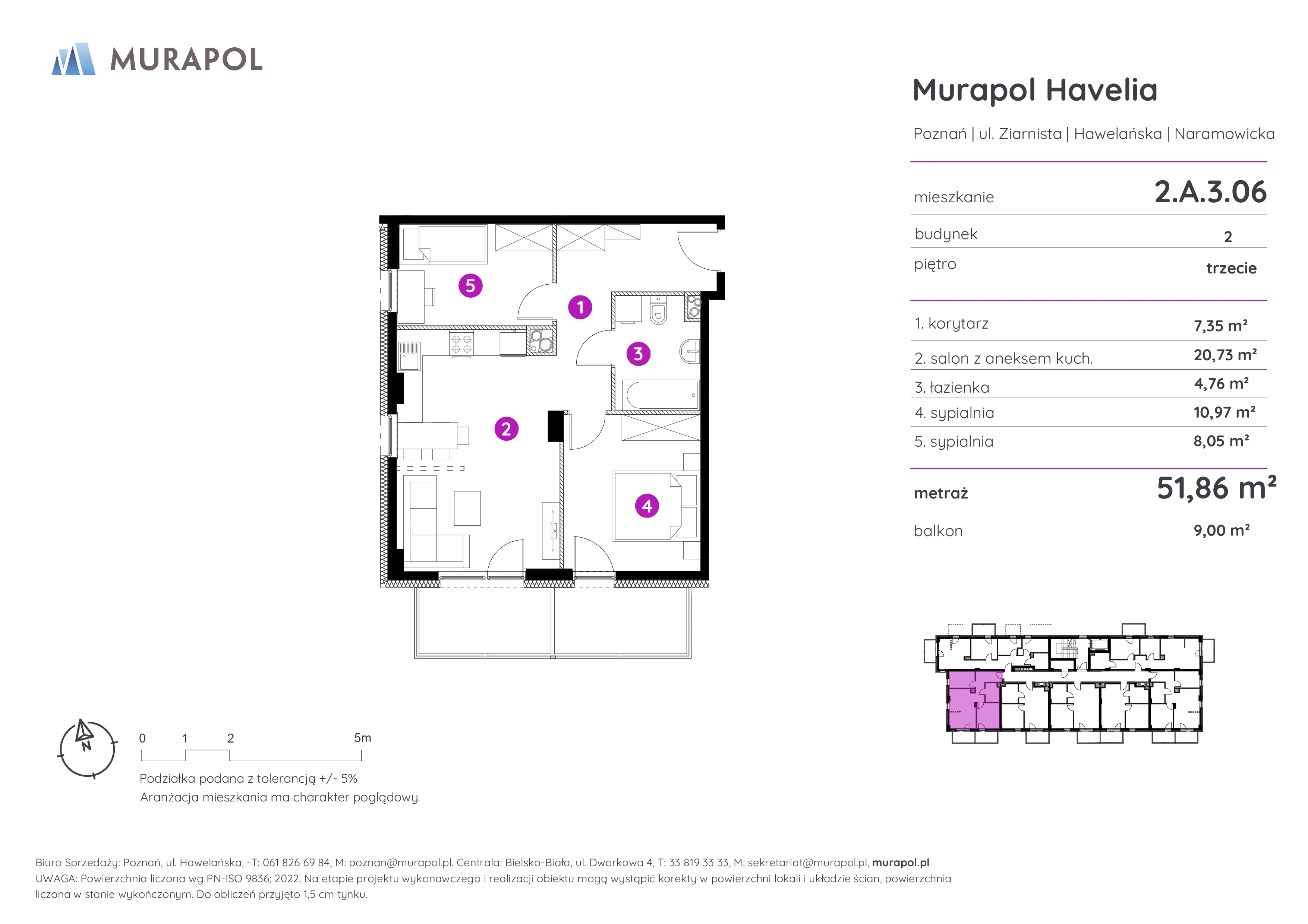 Mieszkanie 51,86 m², piętro 3, oferta nr 2.A.3.06, Murapol Havelia, Poznań, Winogrady, Stare Winogrady, ul. Ziarnista / Naramowicka-idx