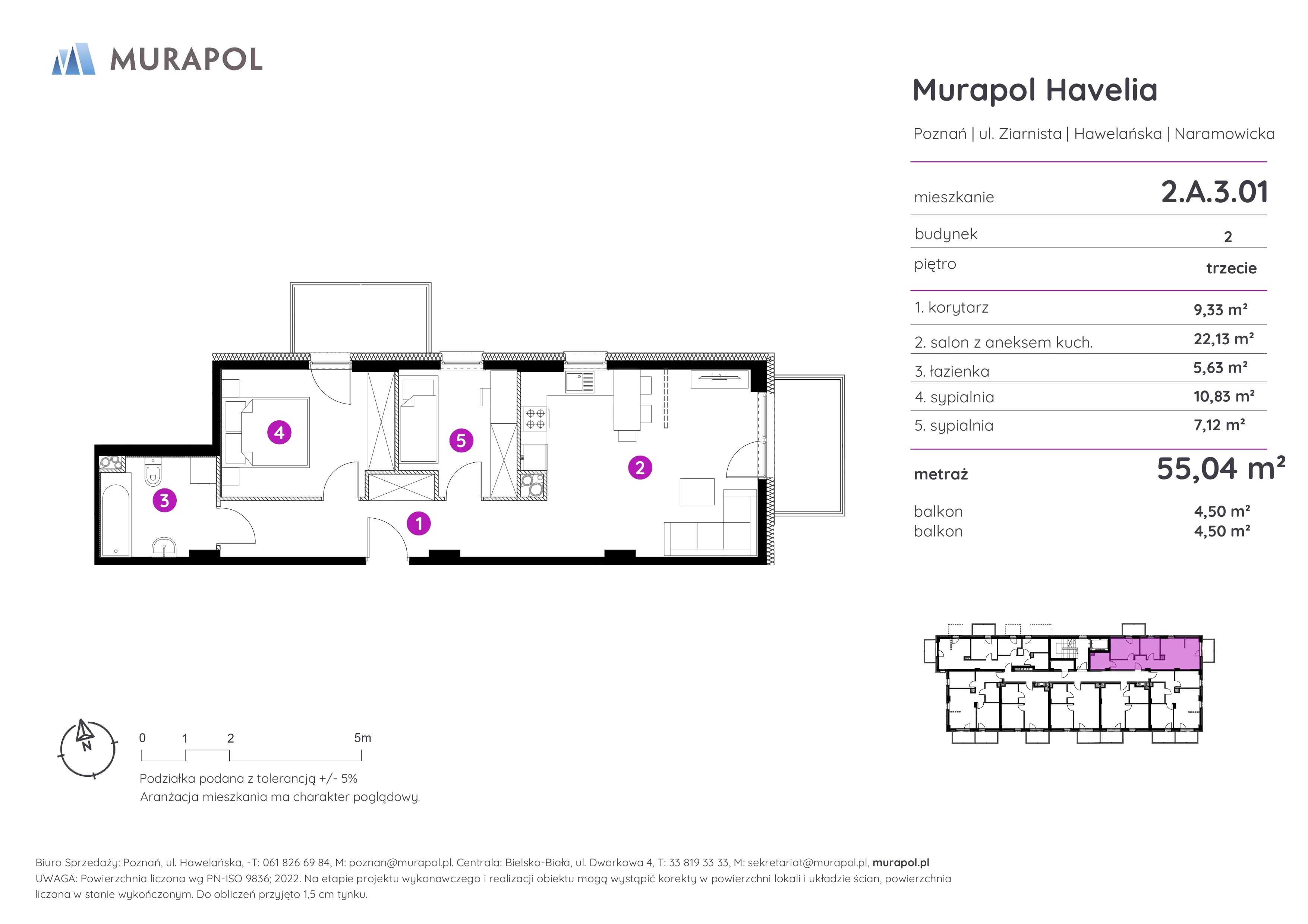 3 pokoje, mieszkanie 55,04 m², piętro 3, oferta nr 2.A.3.01, Murapol Havelia, Poznań, Winogrady, Stare Winogrady, ul. Ziarnista / Naramowicka