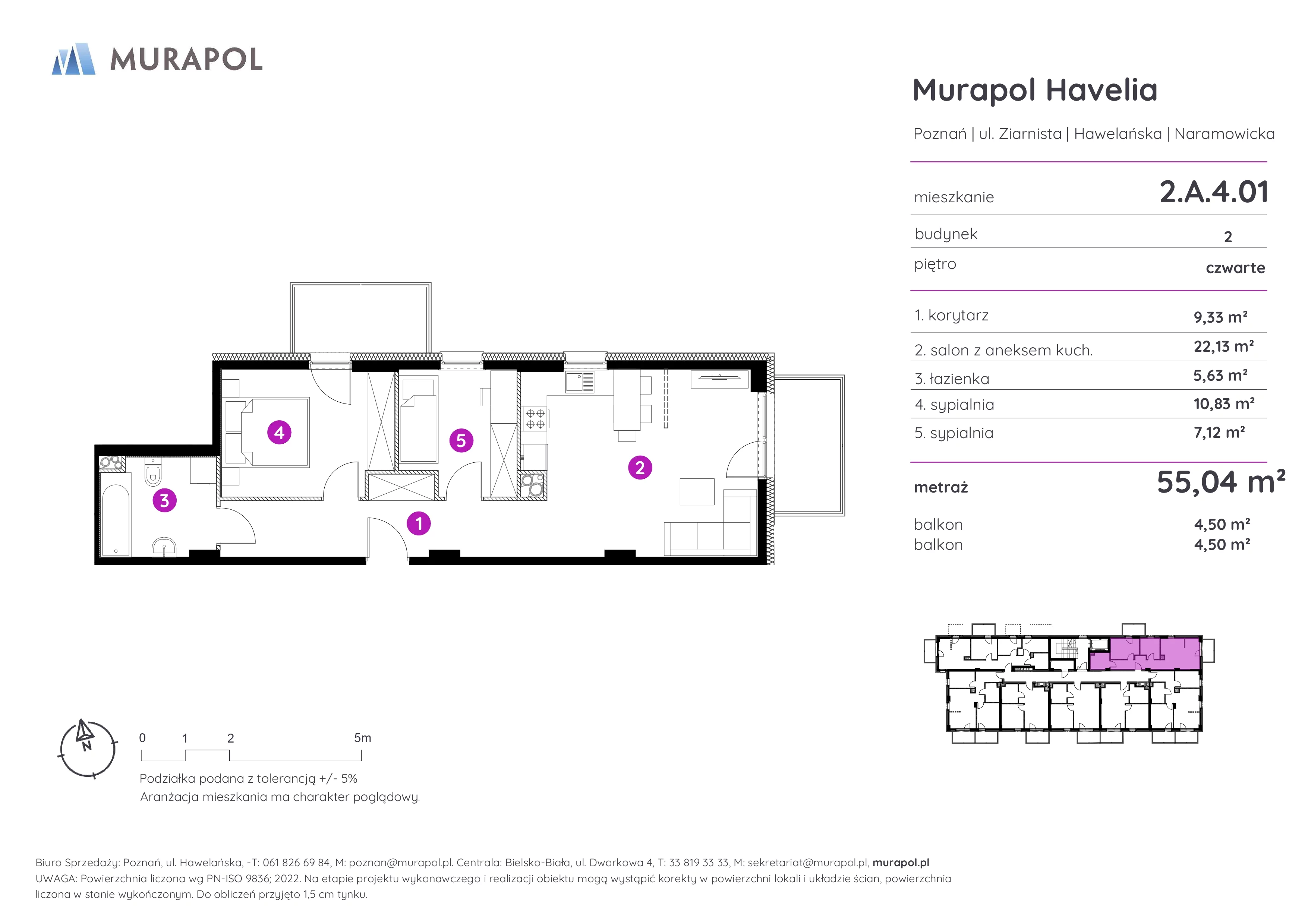 3 pokoje, mieszkanie 55,04 m², piętro 4, oferta nr 2.A.4.01, Murapol Havelia, Poznań, Winogrady, Stare Winogrady, ul. Ziarnista / Naramowicka
