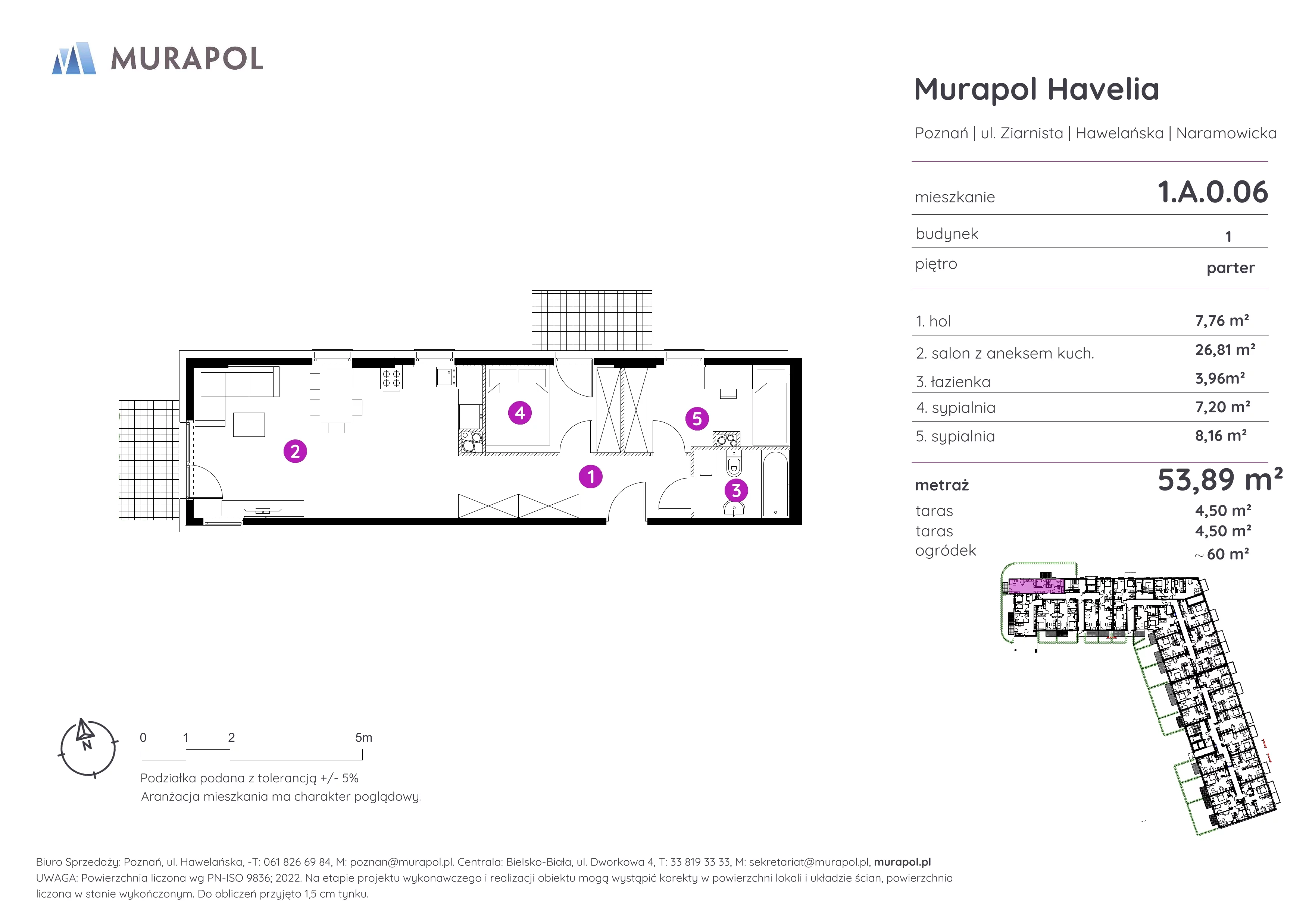 3 pokoje, mieszkanie 53,89 m², parter, oferta nr 1.A.0.06, Murapol Havelia, Poznań, Winogrady, Stare Winogrady, ul. Ziarnista / Naramowicka