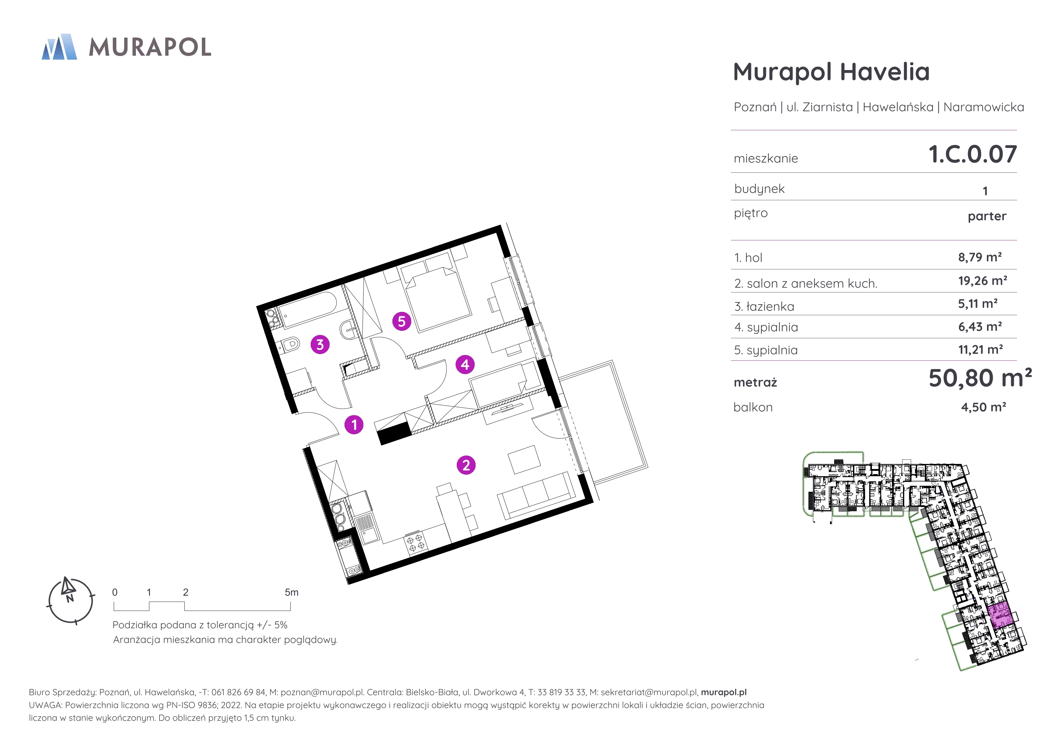 3 pokoje, mieszkanie 50,80 m², parter, oferta nr 1.C.0.07, Murapol Havelia, Poznań, Winogrady, Stare Winogrady, ul. Ziarnista / Naramowicka