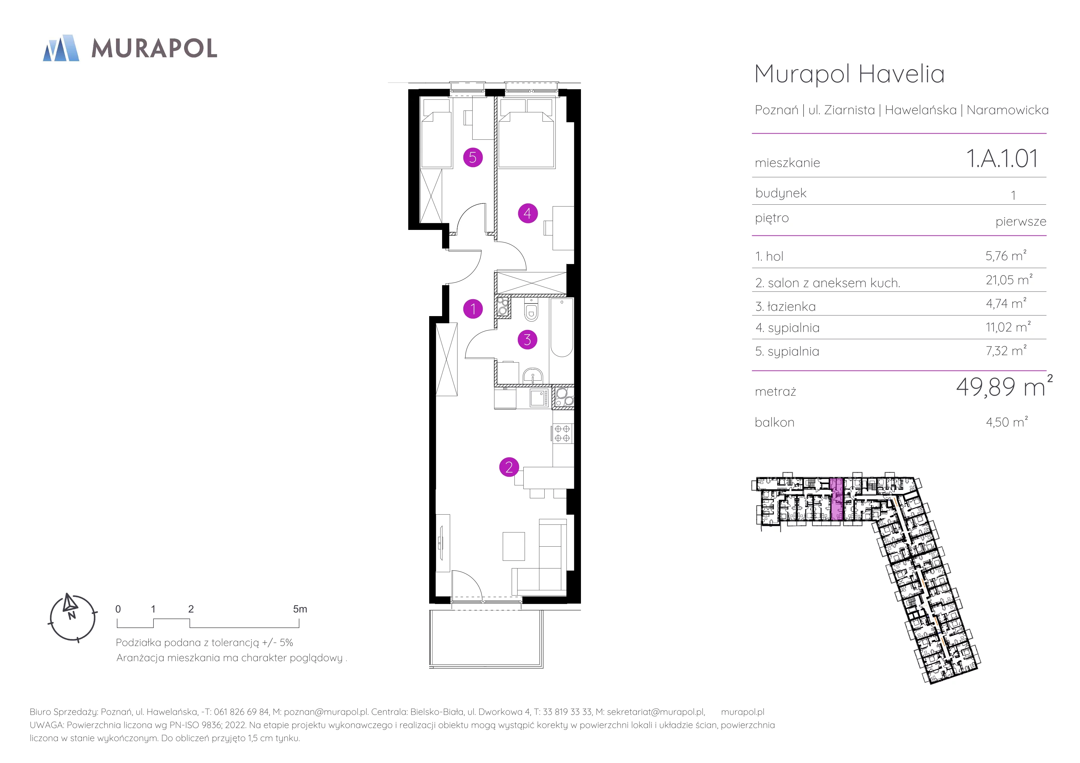 3 pokoje, mieszkanie 49,89 m², piętro 1, oferta nr 1.A.1.01, Murapol Havelia, Poznań, Winogrady, Stare Winogrady, ul. Ziarnista / Naramowicka
