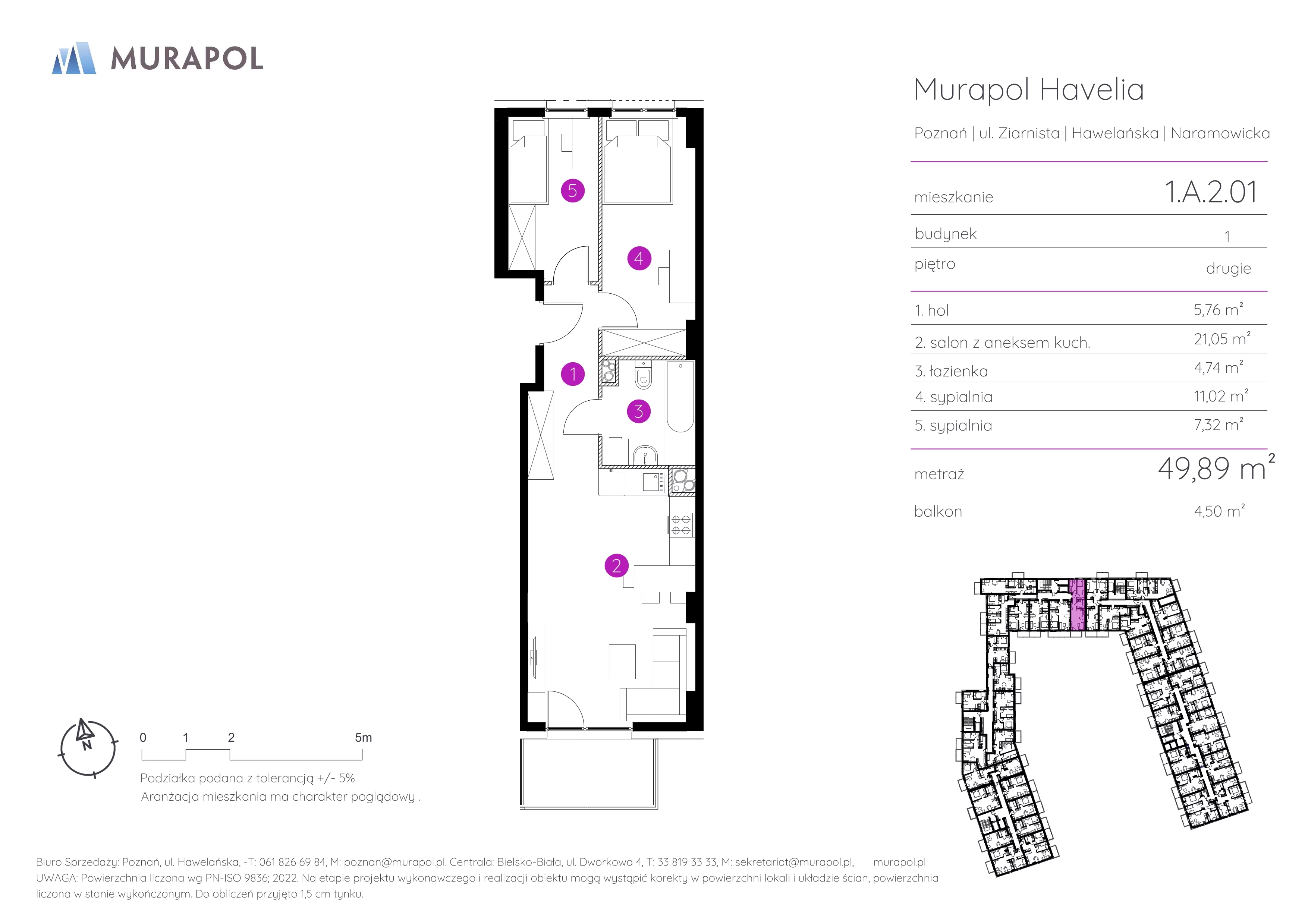 3 pokoje, mieszkanie 49,89 m², piętro 2, oferta nr 1.A.2.01, Murapol Havelia, Poznań, Winogrady, Stare Winogrady, ul. Ziarnista / Naramowicka