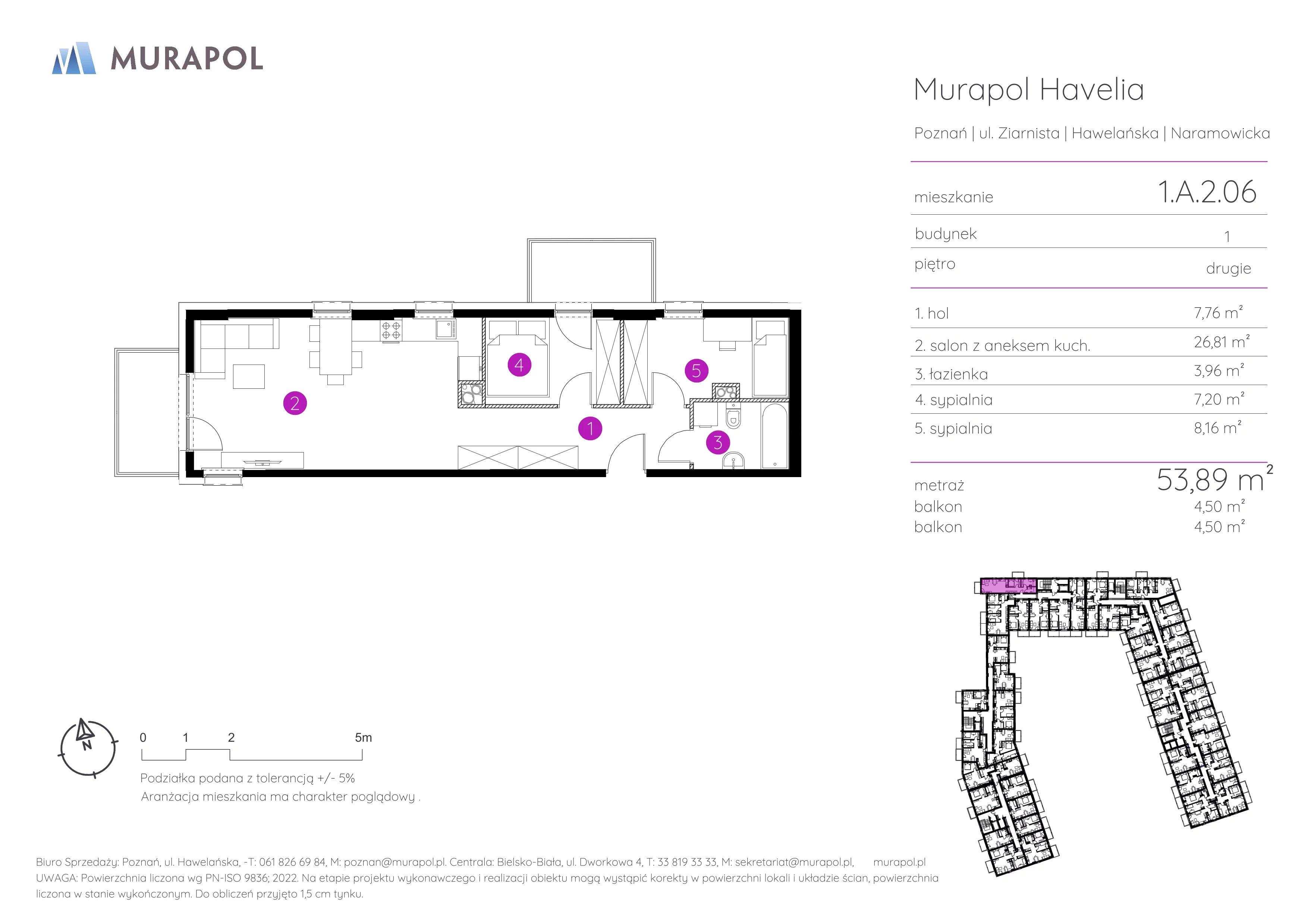 3 pokoje, mieszkanie 53,89 m², piętro 2, oferta nr 1.A.2.06, Murapol Havelia, Poznań, Winogrady, Stare Winogrady, ul. Ziarnista / Naramowicka
