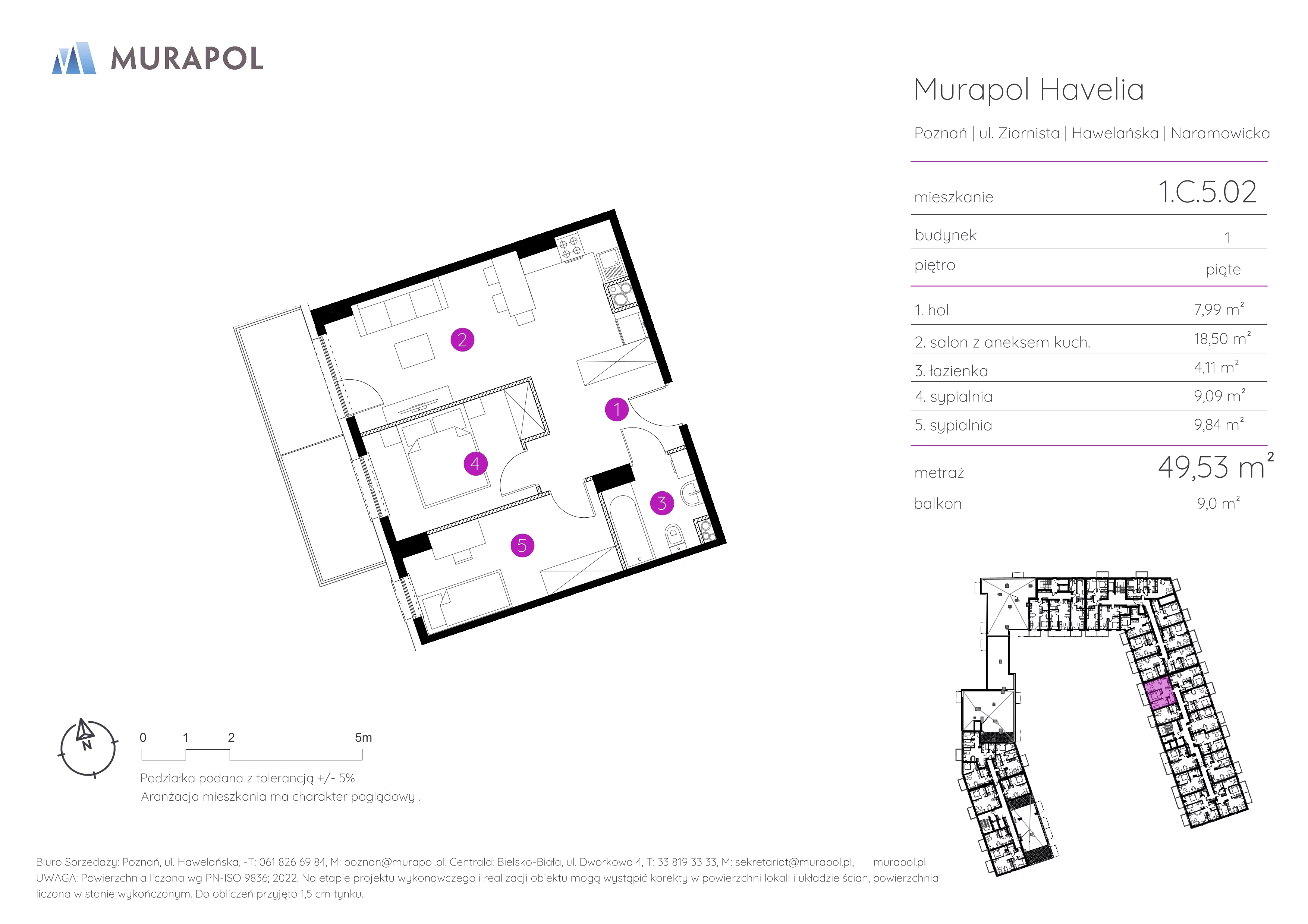 3 pokoje, mieszkanie 49,53 m², piętro 5, oferta nr 1.C.5.02, Murapol Havelia, Poznań, Winogrady, Stare Winogrady, ul. Ziarnista / Naramowicka