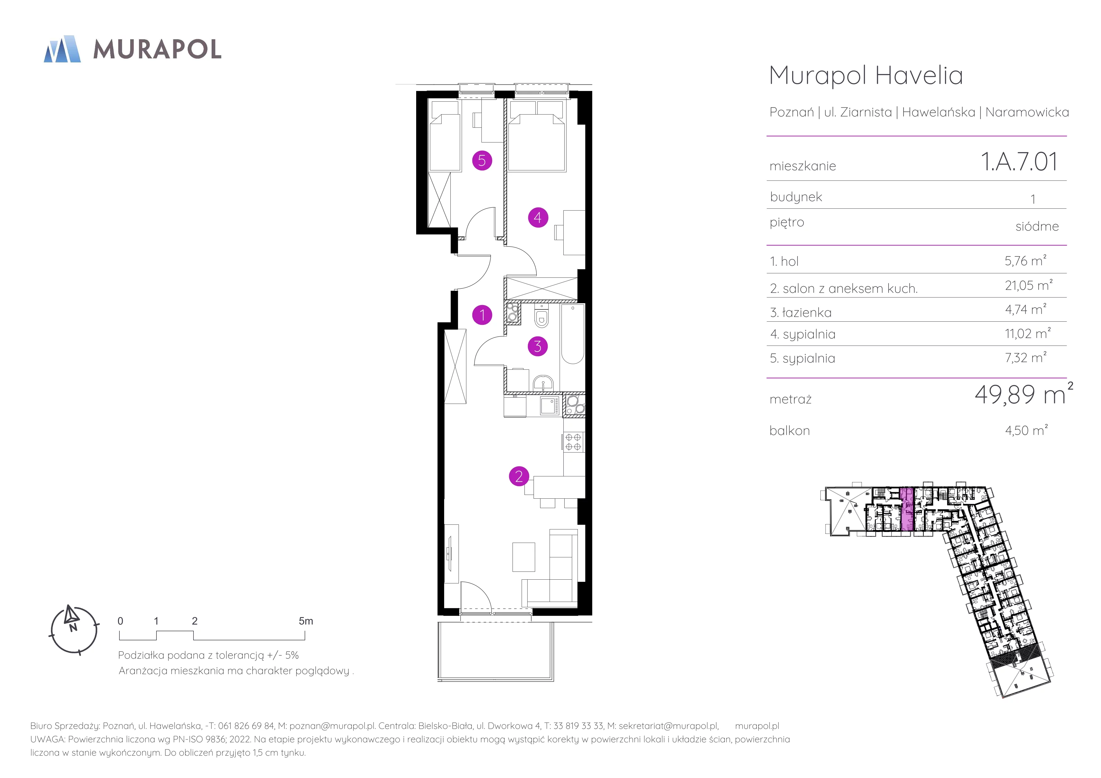 3 pokoje, mieszkanie 49,89 m², piętro 7, oferta nr 1.A.7.01, Murapol Havelia, Poznań, Winogrady, Stare Winogrady, ul. Ziarnista / Naramowicka