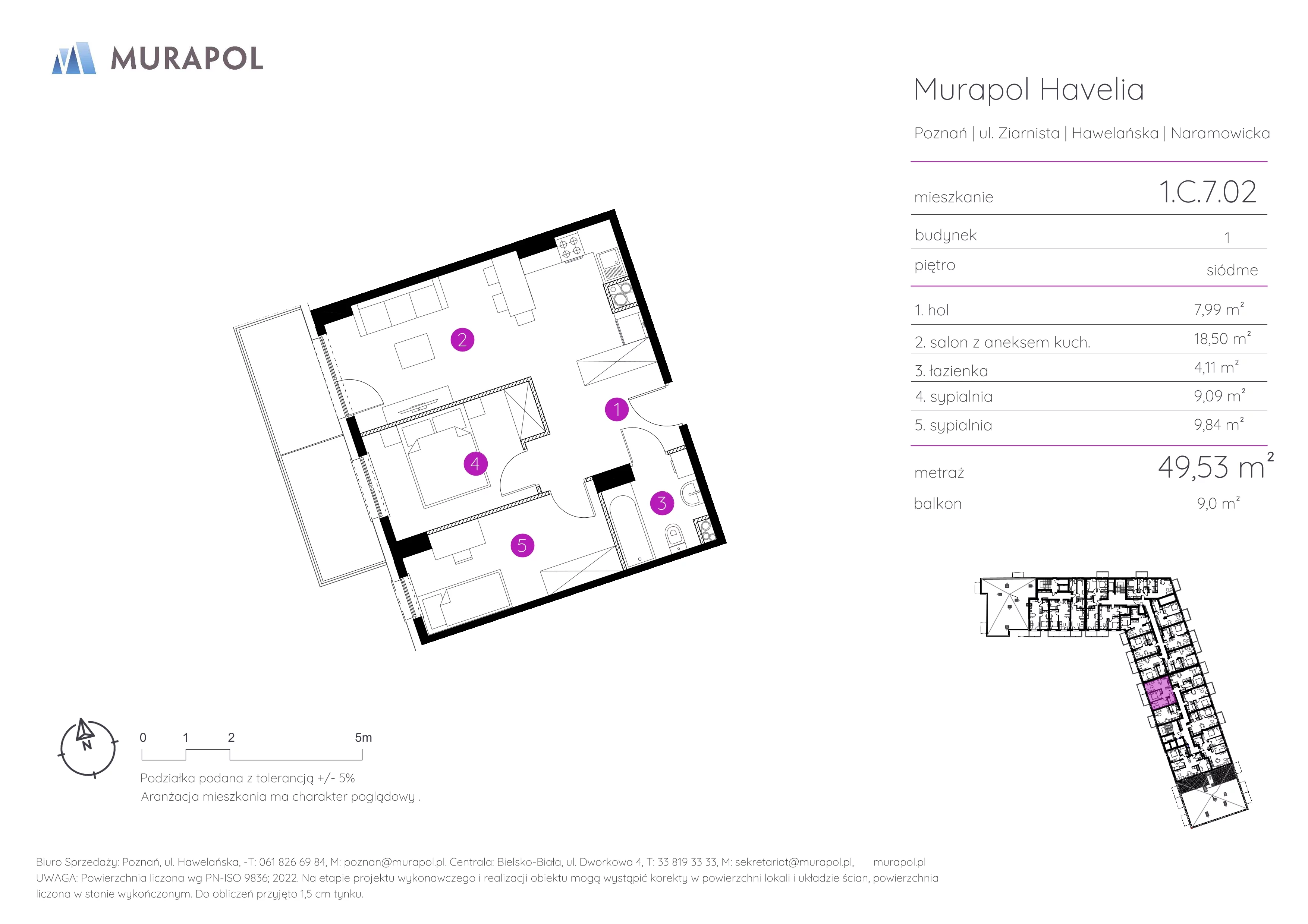 3 pokoje, mieszkanie 49,53 m², piętro 7, oferta nr 1.C.7.02, Murapol Havelia, Poznań, Winogrady, Stare Winogrady, ul. Ziarnista / Naramowicka