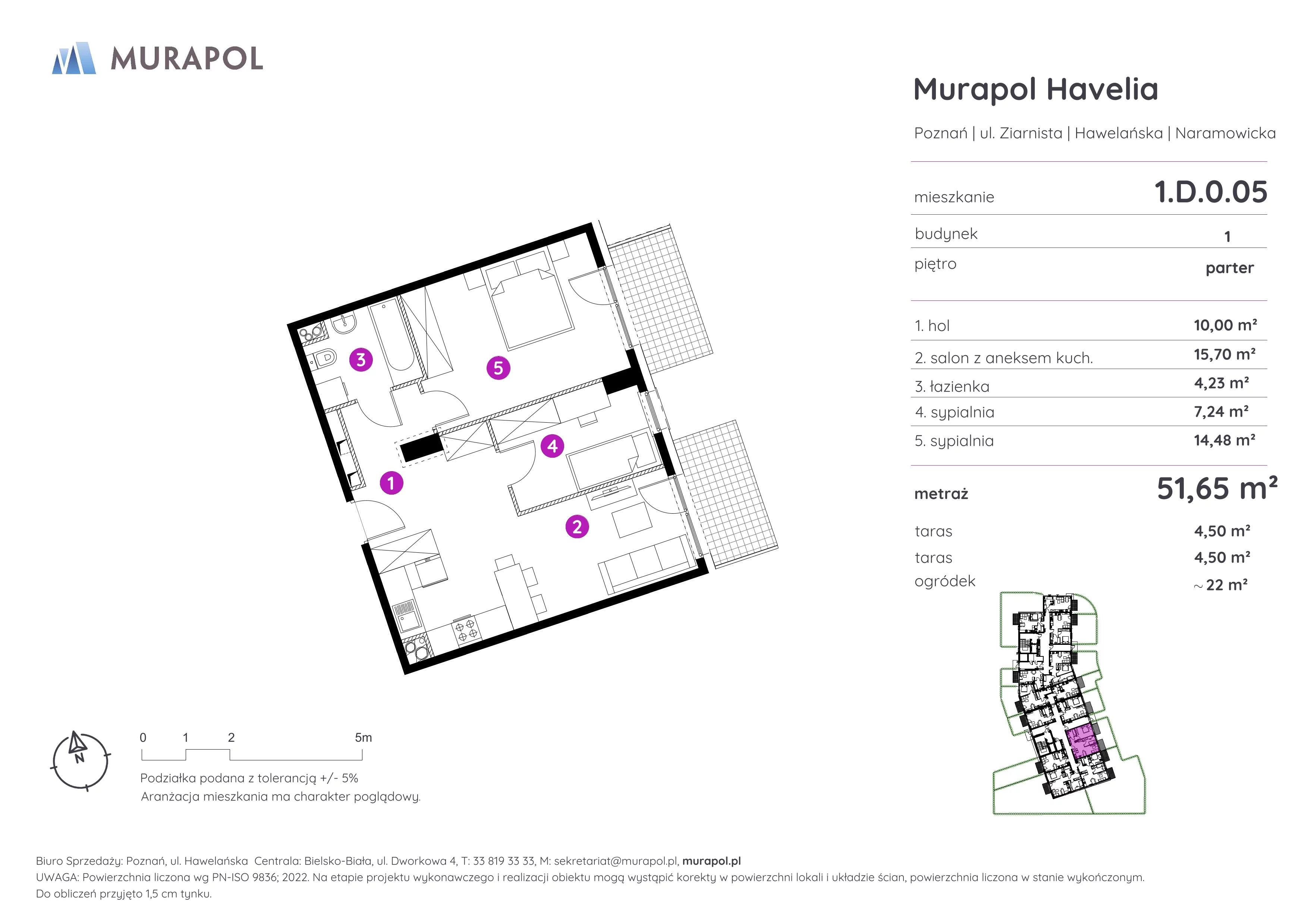 3 pokoje, mieszkanie 51,65 m², parter, oferta nr 1.D.0.05, Murapol Havelia, Poznań, Winogrady, Stare Winogrady, ul. Ziarnista / Naramowicka