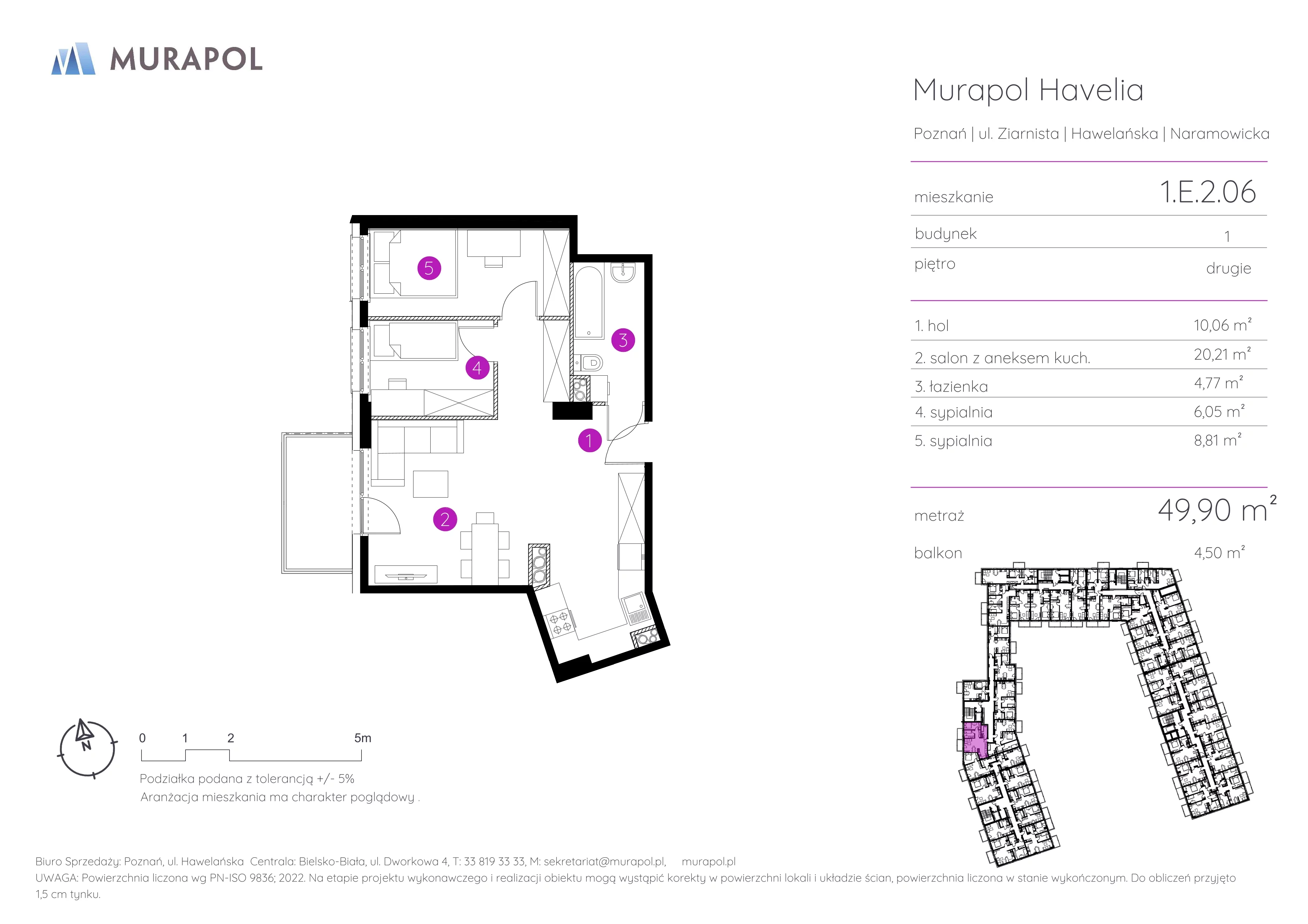 3 pokoje, mieszkanie 49,90 m², piętro 2, oferta nr 1.E.2.06, Murapol Havelia, Poznań, Winogrady, Stare Winogrady, ul. Ziarnista / Naramowicka