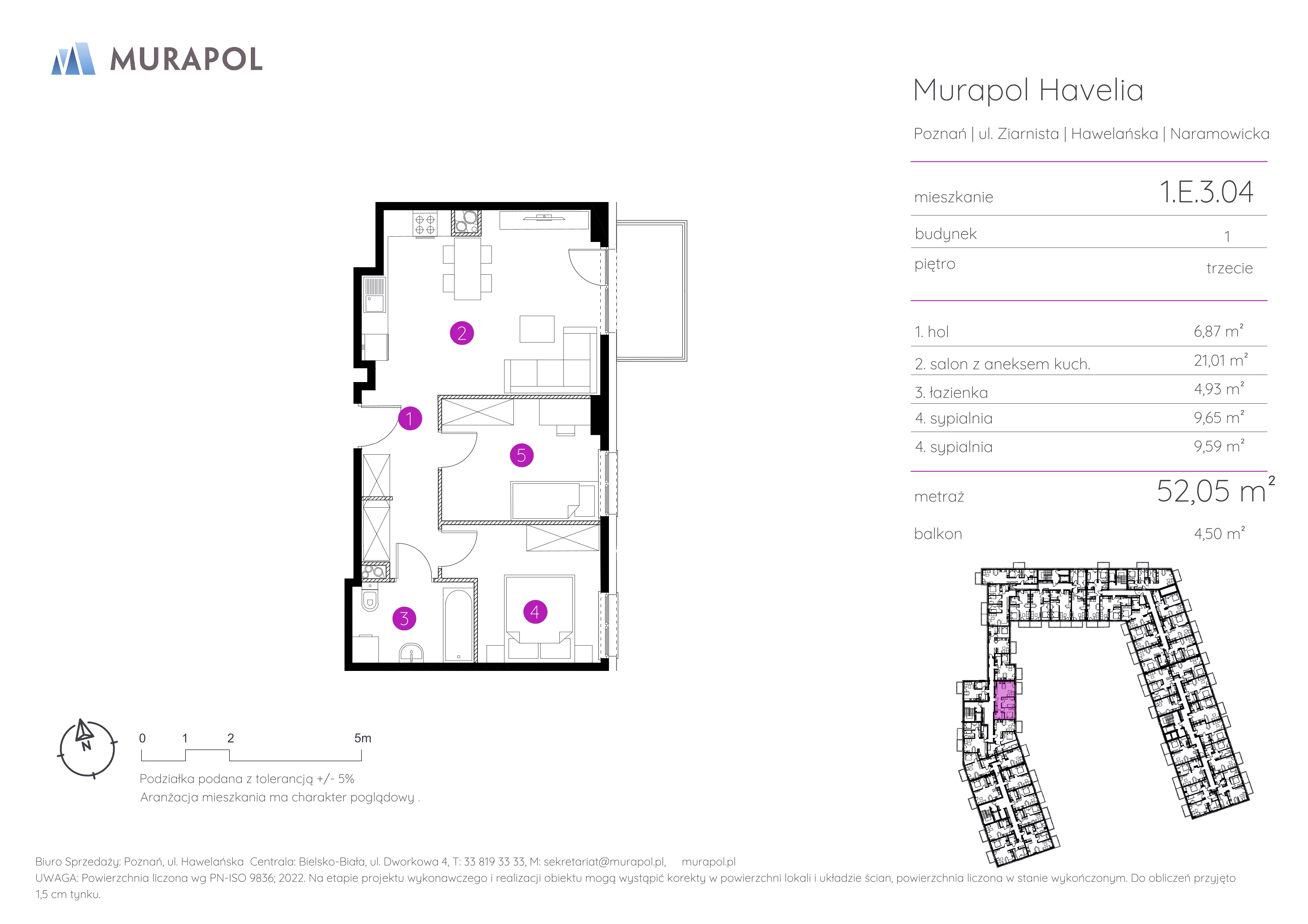 3 pokoje, mieszkanie 52,05 m², piętro 3, oferta nr 1.E.3.04, Murapol Havelia, Poznań, Winogrady, Stare Winogrady, ul. Ziarnista / Naramowicka
