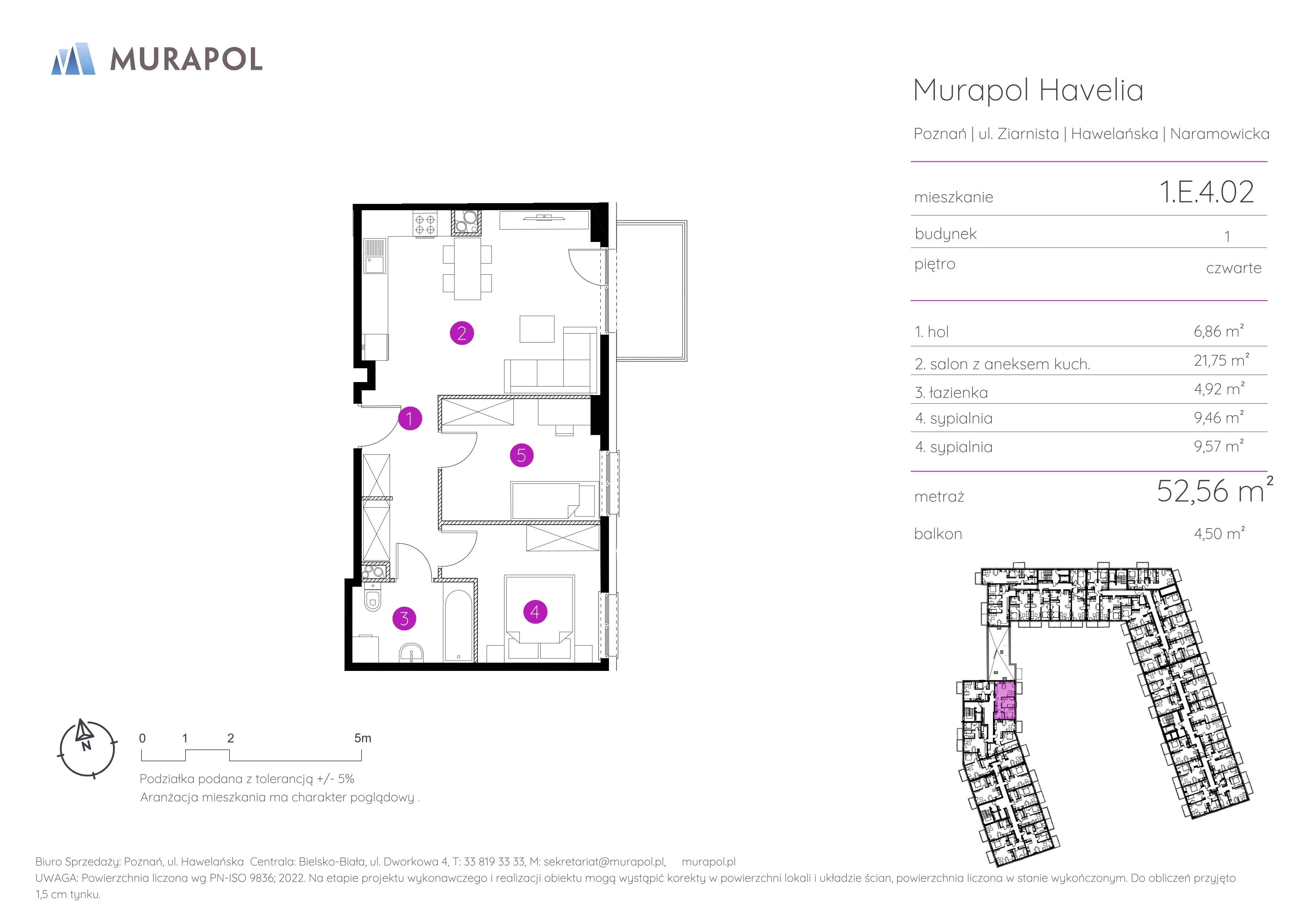 3 pokoje, mieszkanie 52,56 m², piętro 4, oferta nr 1.E.4.02, Murapol Havelia, Poznań, Winogrady, Stare Winogrady, ul. Ziarnista / Naramowicka