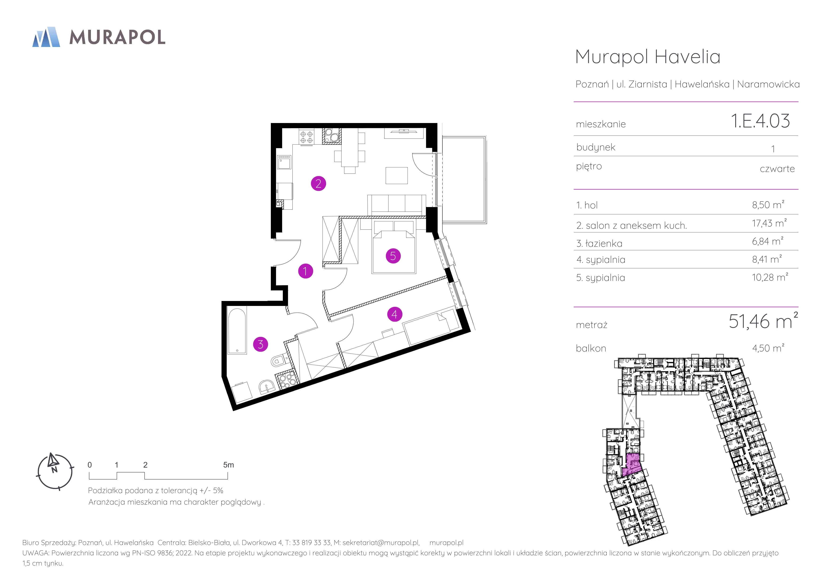 3 pokoje, mieszkanie 51,46 m², piętro 4, oferta nr 1.E.4.03, Murapol Havelia, Poznań, Winogrady, Stare Winogrady, ul. Ziarnista / Naramowicka