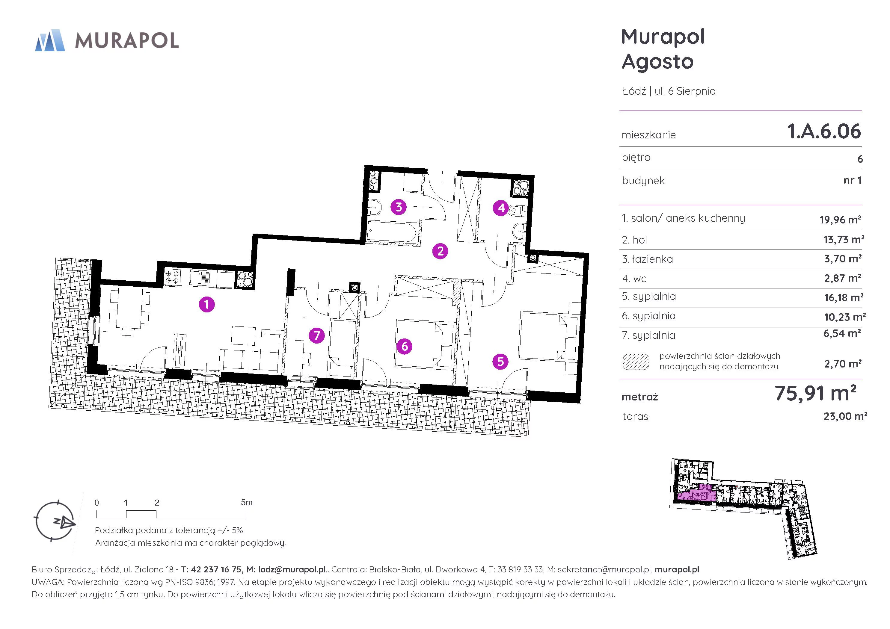 Mieszkanie 75,91 m², piętro 6, oferta nr 1.A.6.06, Murapol Agosto, Łódź, Polesie, Stare Polesie, ul. 6 Sierpnia