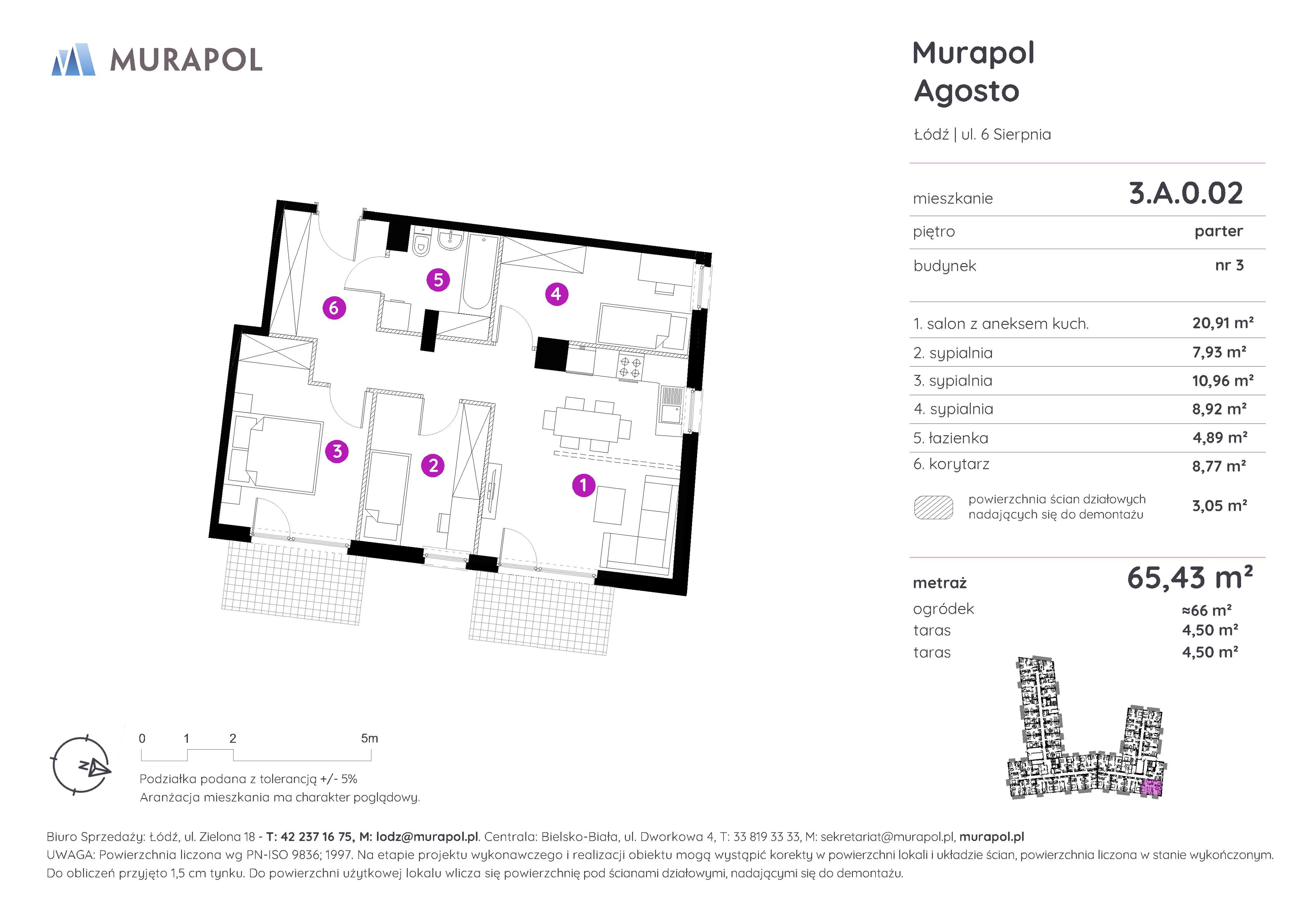 4 pokoje, mieszkanie 65,43 m², parter, oferta nr 3.A.0.02, Murapol Agosto, Łódź, Polesie, Stare Polesie, ul. 6 Sierpnia