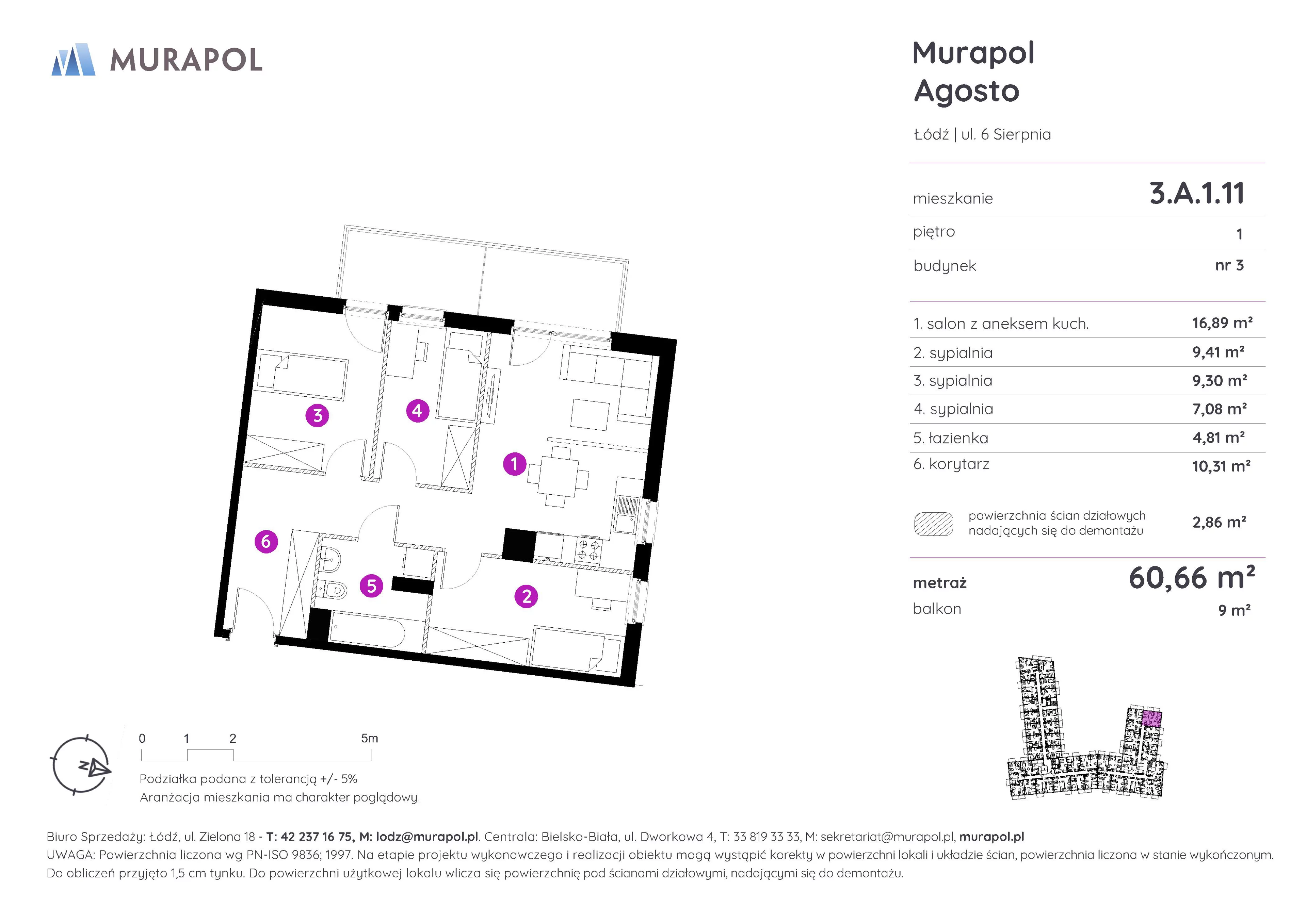 Mieszkanie 60,66 m², piętro 1, oferta nr 3.A.1.11, Murapol Agosto, Łódź, Polesie, Stare Polesie, ul. 6 Sierpnia