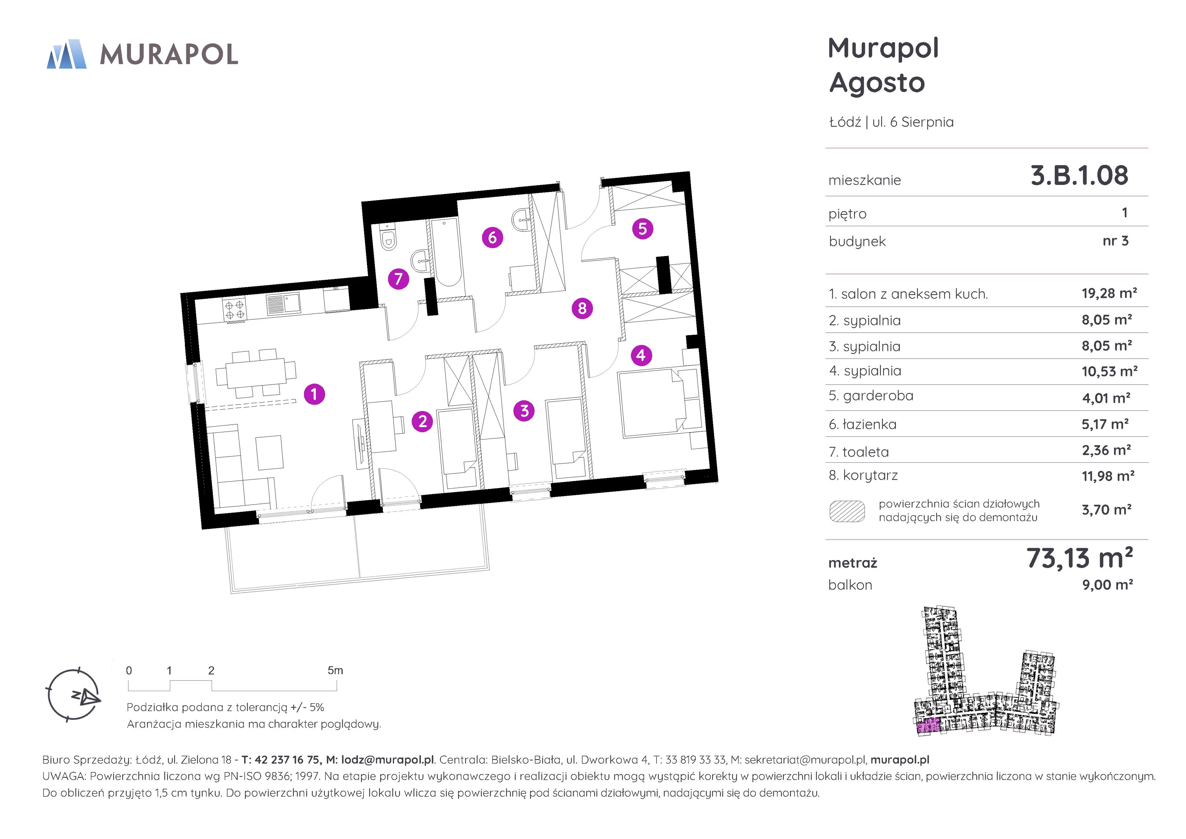 4 pokoje, mieszkanie 73,13 m², piętro 1, oferta nr 3.B.1.08, Murapol Agosto, Łódź, Polesie, Stare Polesie, ul. 6 Sierpnia