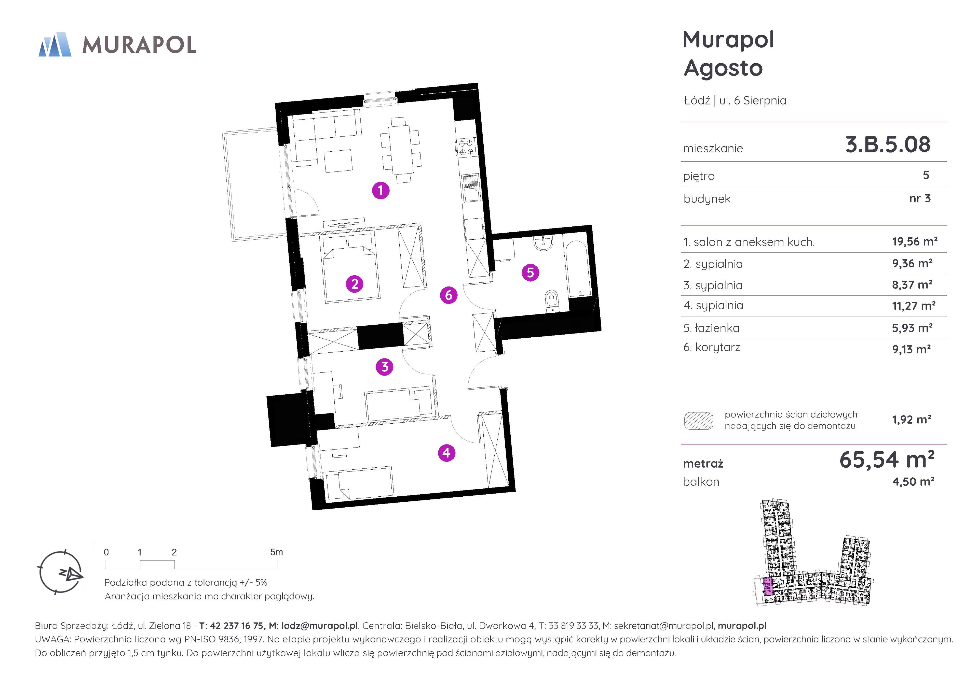 Mieszkanie 65,54 m², piętro 5, oferta nr 3.B.5.08, Murapol Agosto, Łódź, Polesie, Stare Polesie, ul. 6 Sierpnia