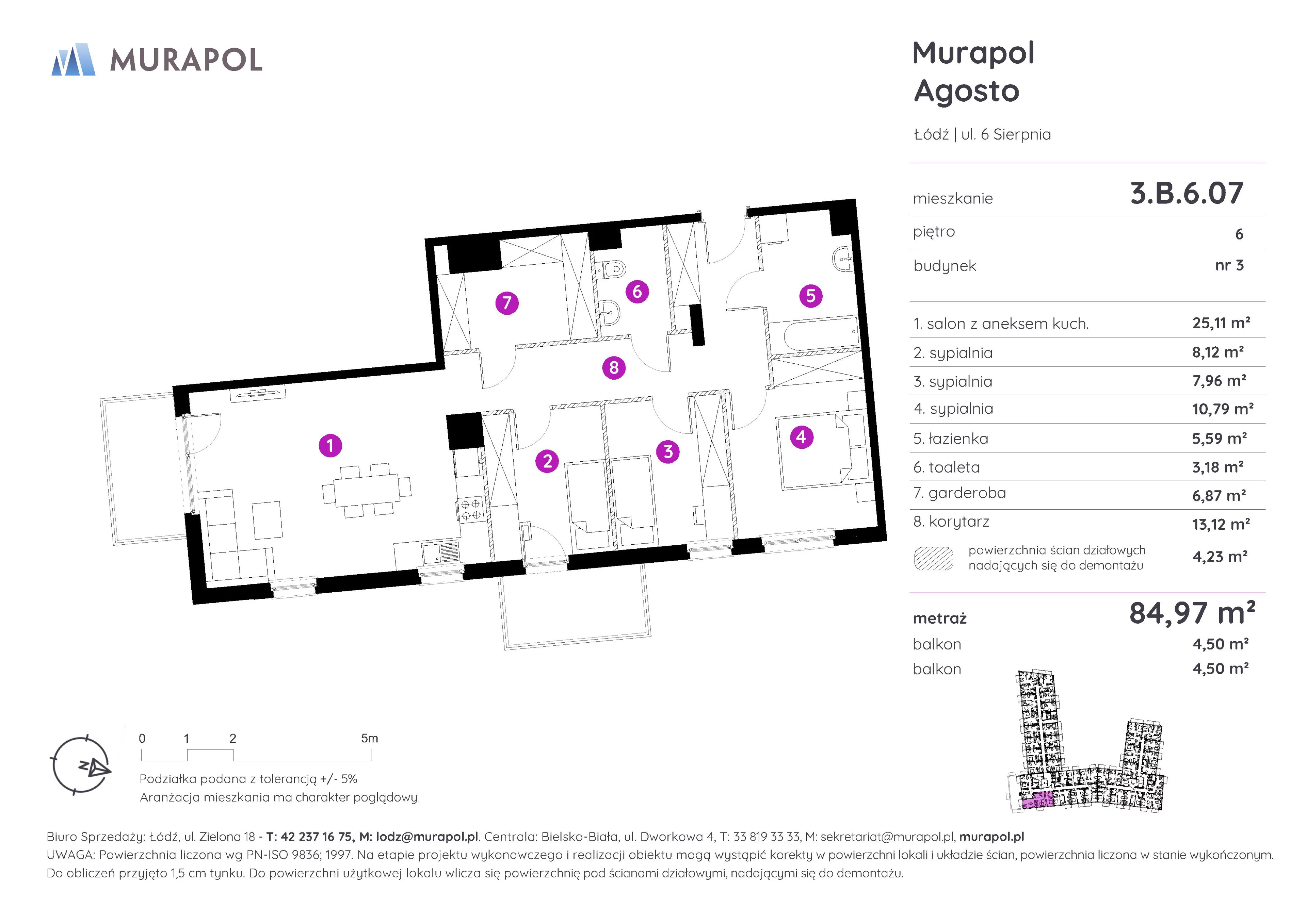 Mieszkanie 84,97 m², piętro 6, oferta nr 3.B.6.07, Murapol Agosto, Łódź, Polesie, Stare Polesie, ul. 6 Sierpnia