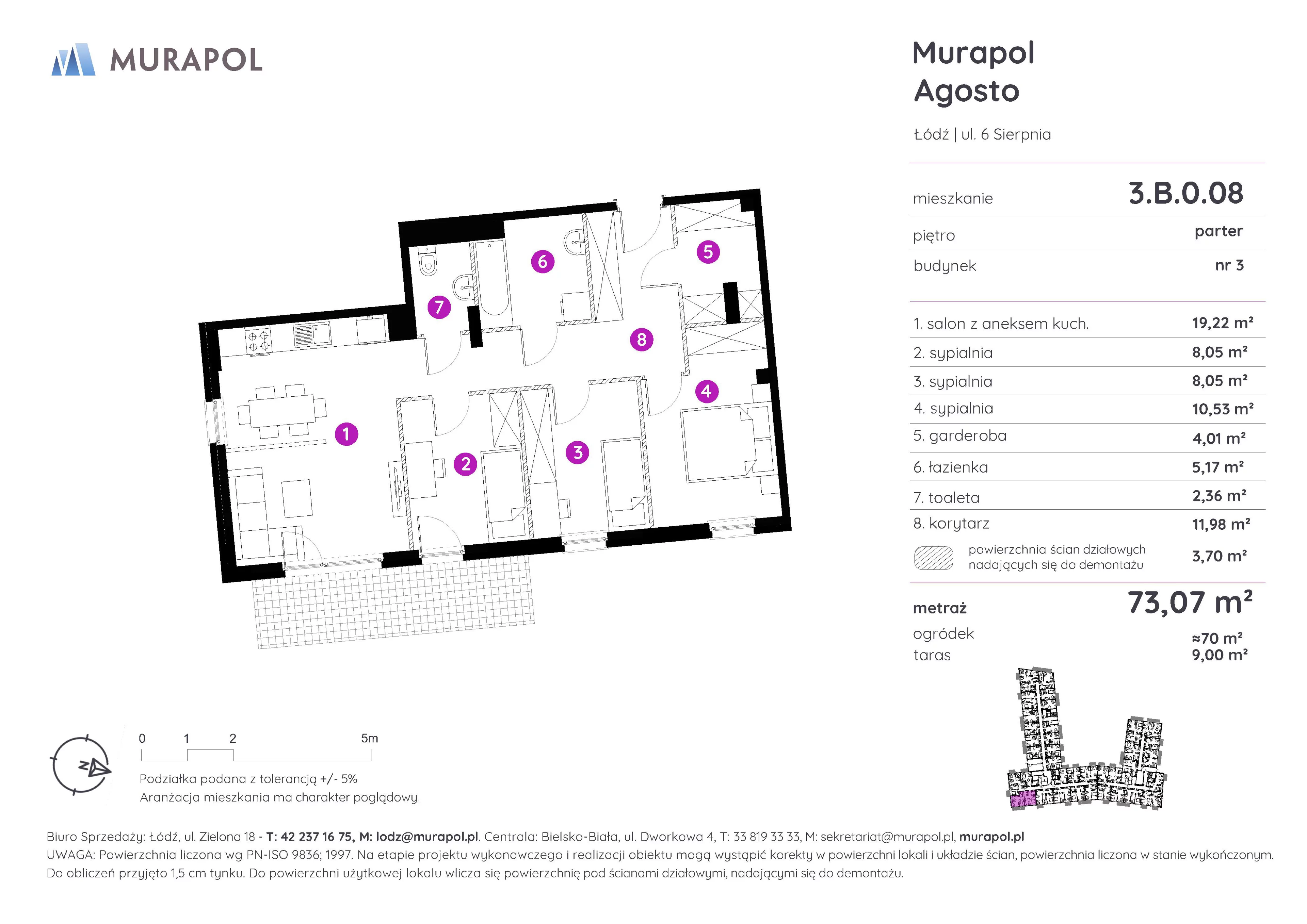 4 pokoje, mieszkanie 73,07 m², parter, oferta nr 3.B.0.08, Murapol Agosto, Łódź, Polesie, Stare Polesie, ul. 6 Sierpnia