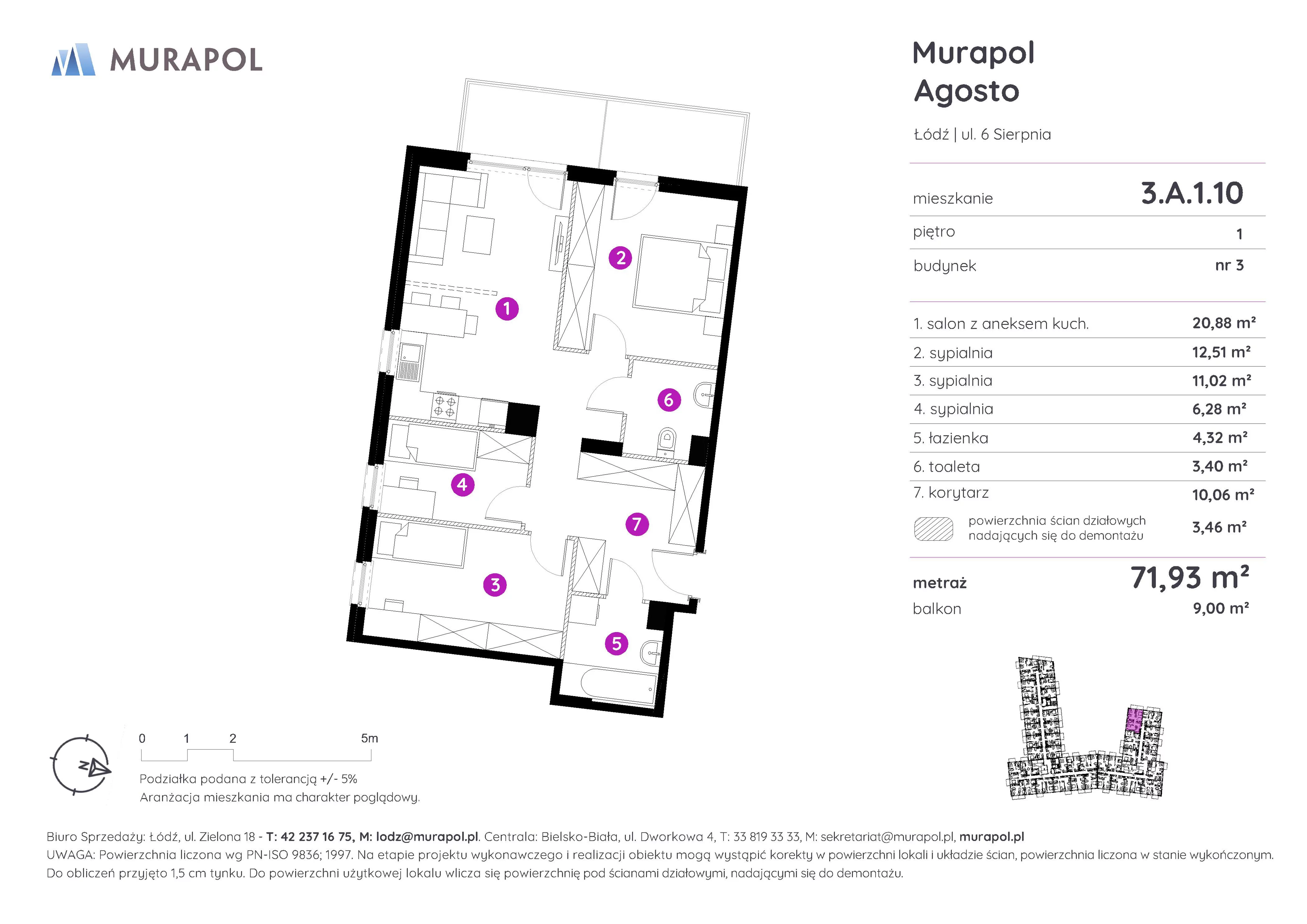 4 pokoje, mieszkanie 71,93 m², piętro 1, oferta nr 3.A.1.10, Murapol Agosto, Łódź, Polesie, Stare Polesie, ul. 6 Sierpnia