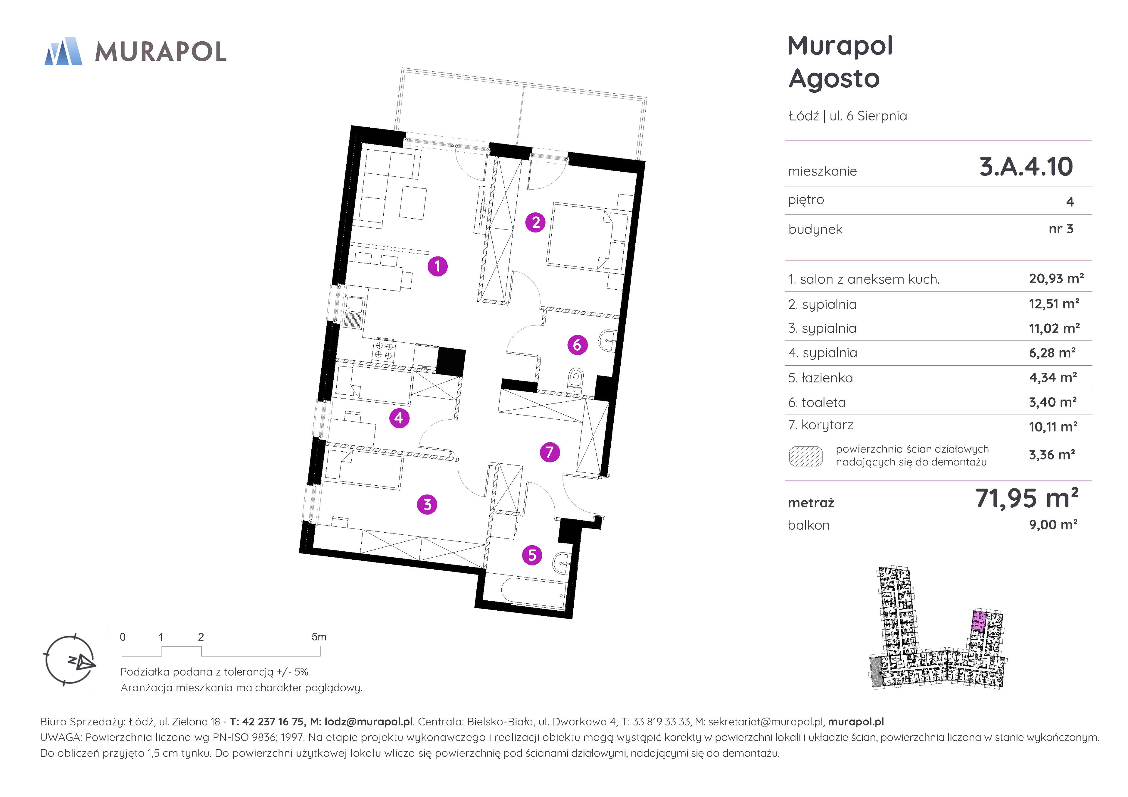 4 pokoje, mieszkanie 71,95 m², piętro 4, oferta nr 3.A.4.10, Murapol Agosto, Łódź, Polesie, Stare Polesie, ul. 6 Sierpnia
