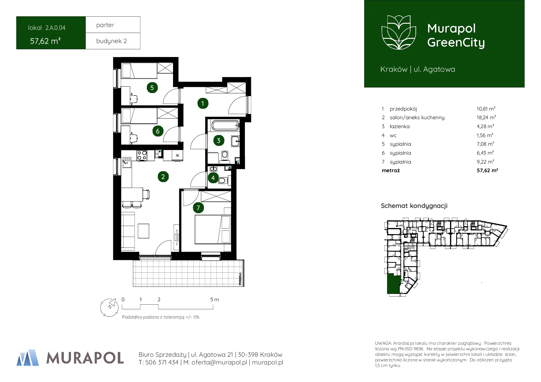 4 pokoje, mieszkanie 57,62 m², parter, oferta nr 2.A.0.04, Murapol GreenCity, Kraków, Bieżanów-Prokocim, Osiedle Złocień, ul. Agatowa