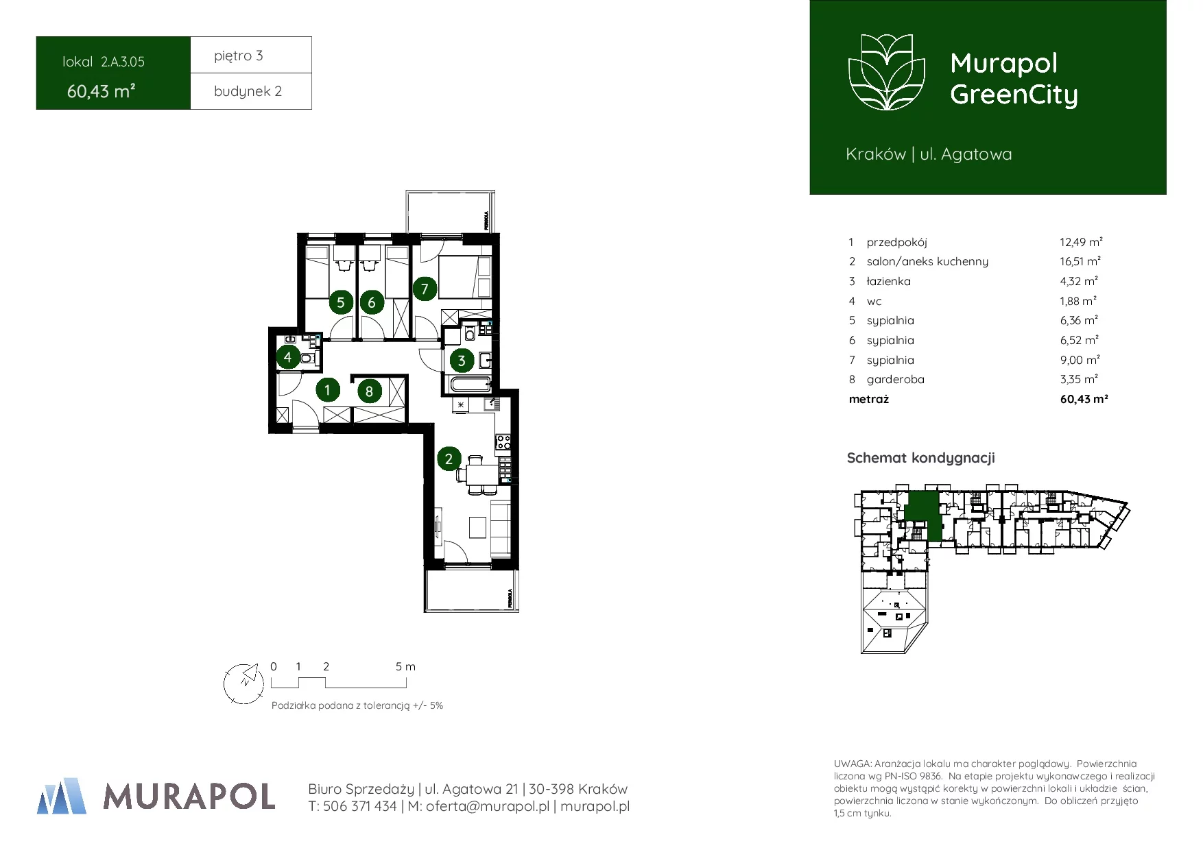 4 pokoje, mieszkanie 60,43 m², piętro 3, oferta nr 2.A.3.05, Murapol GreenCity, Kraków, Bieżanów-Prokocim, Osiedle Złocień, ul. Agatowa