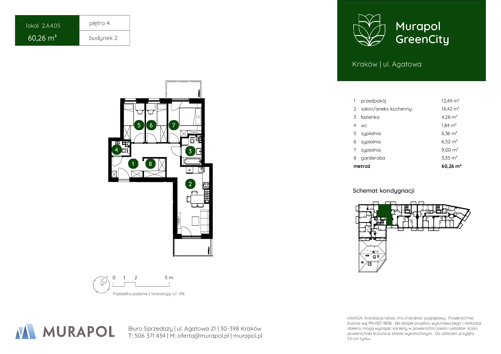 4 pokoje, mieszkanie 60,26 m², piętro 4, oferta nr 2.A.4.05, Murapol GreenCity, Kraków, Bieżanów-Prokocim, Osiedle Złocień, ul. Agatowa