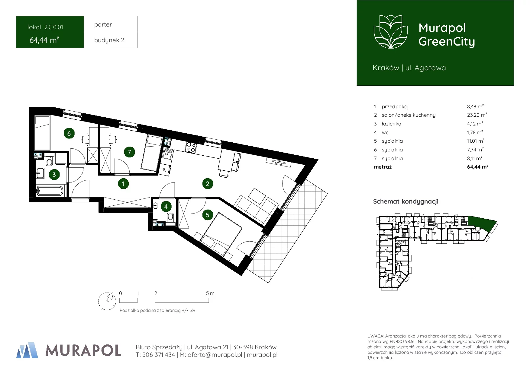 4 pokoje, mieszkanie 64,44 m², parter, oferta nr 2.C.0.01, Murapol GreenCity, Kraków, Bieżanów-Prokocim, Osiedle Złocień, ul. Agatowa