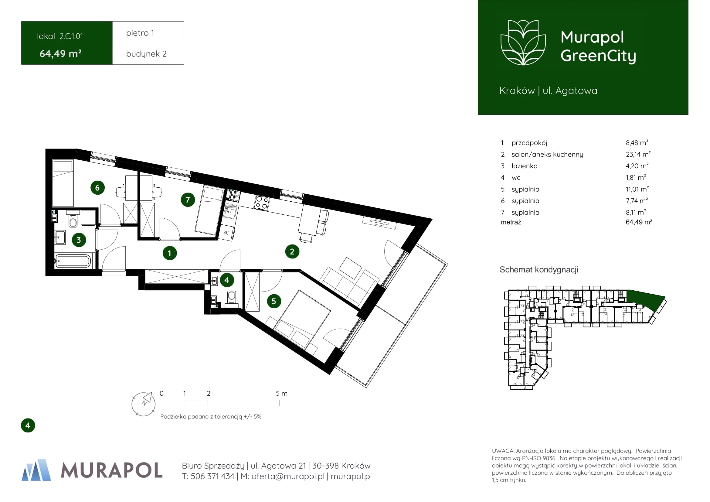 4 pokoje, mieszkanie 64,49 m², piętro 1, oferta nr 2.C.1.01, Murapol GreenCity, Kraków, Bieżanów-Prokocim, Osiedle Złocień, ul. Agatowa