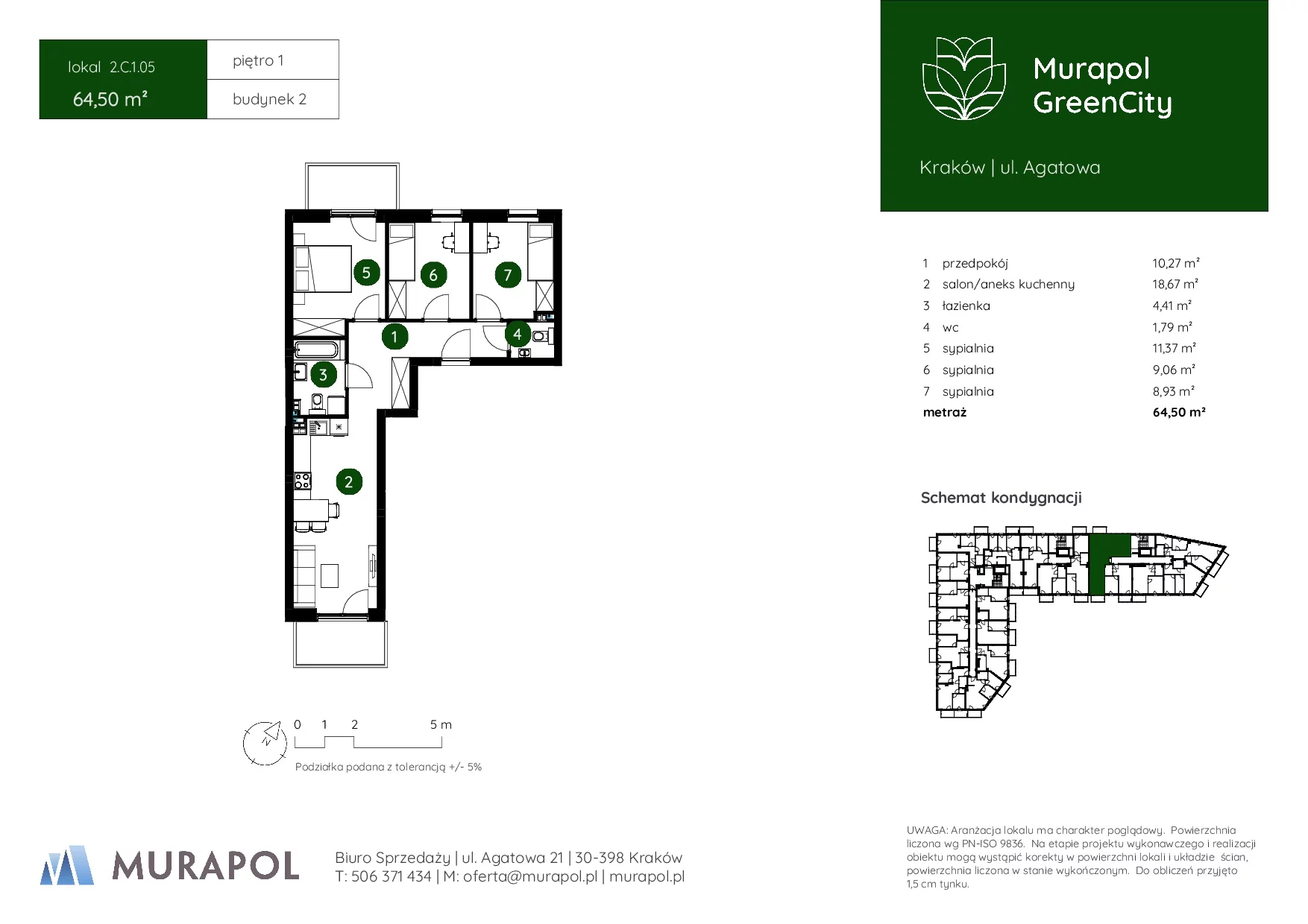 4 pokoje, mieszkanie 64,50 m², piętro 1, oferta nr 2.C.1.05, Murapol GreenCity, Kraków, Bieżanów-Prokocim, Osiedle Złocień, ul. Agatowa