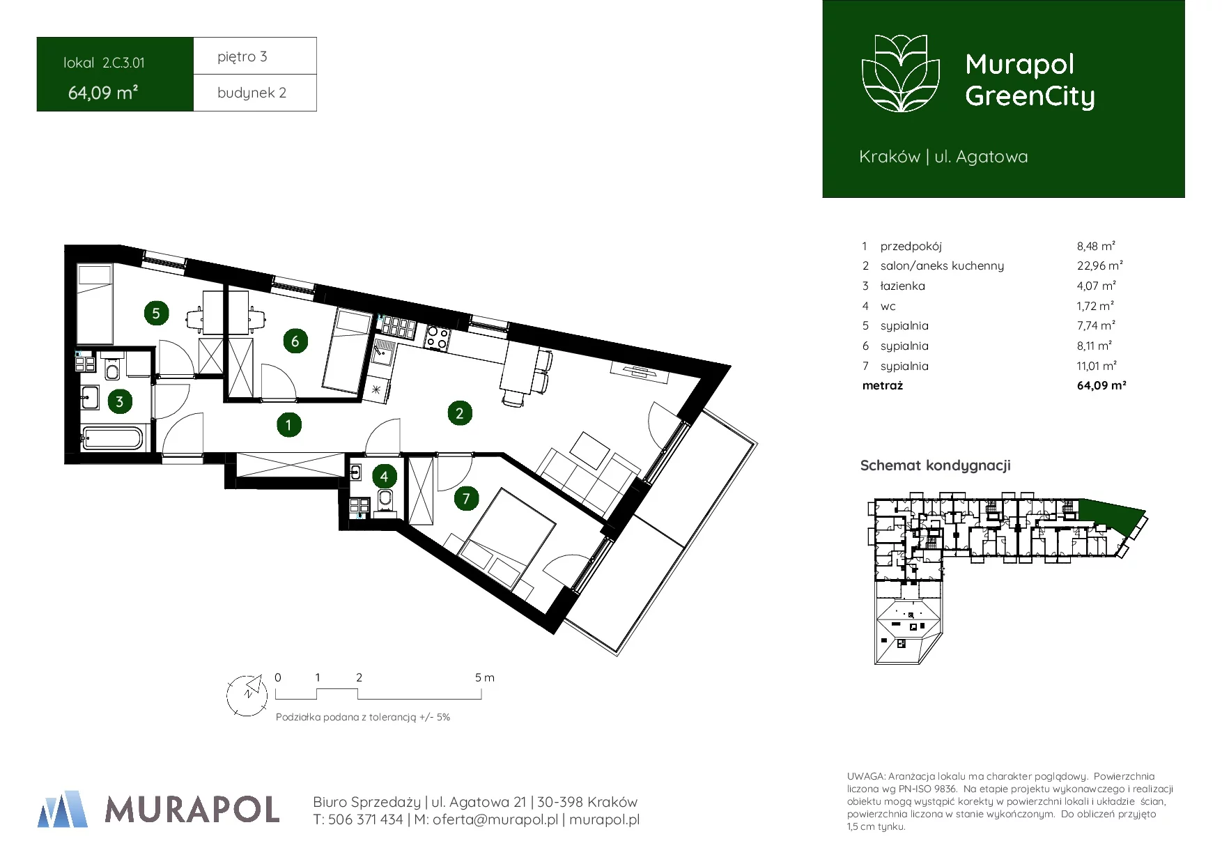 4 pokoje, mieszkanie 64,09 m², piętro 3, oferta nr 2.C.3.01, Murapol GreenCity, Kraków, Bieżanów-Prokocim, Osiedle Złocień, ul. Agatowa