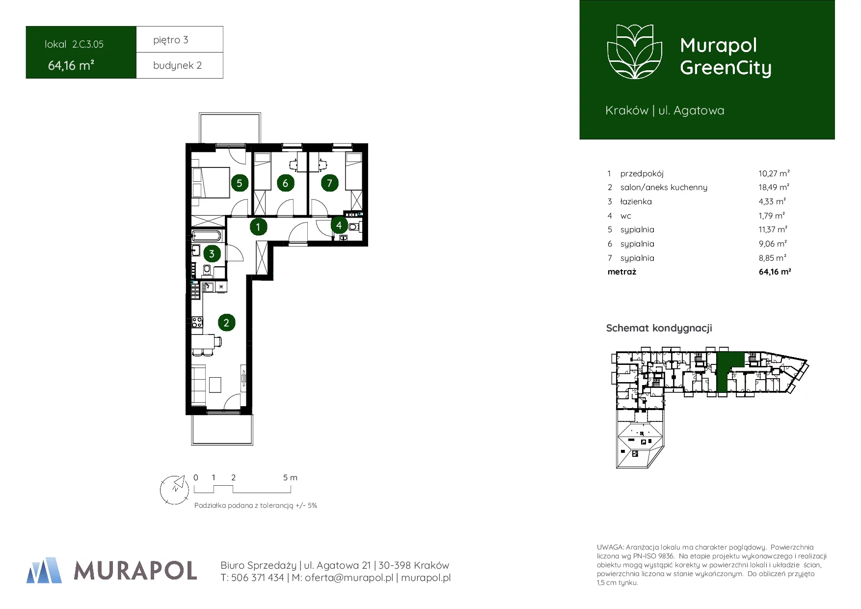4 pokoje, mieszkanie 64,16 m², piętro 3, oferta nr 2.C.3.05, Murapol GreenCity, Kraków, Bieżanów-Prokocim, Osiedle Złocień, ul. Agatowa