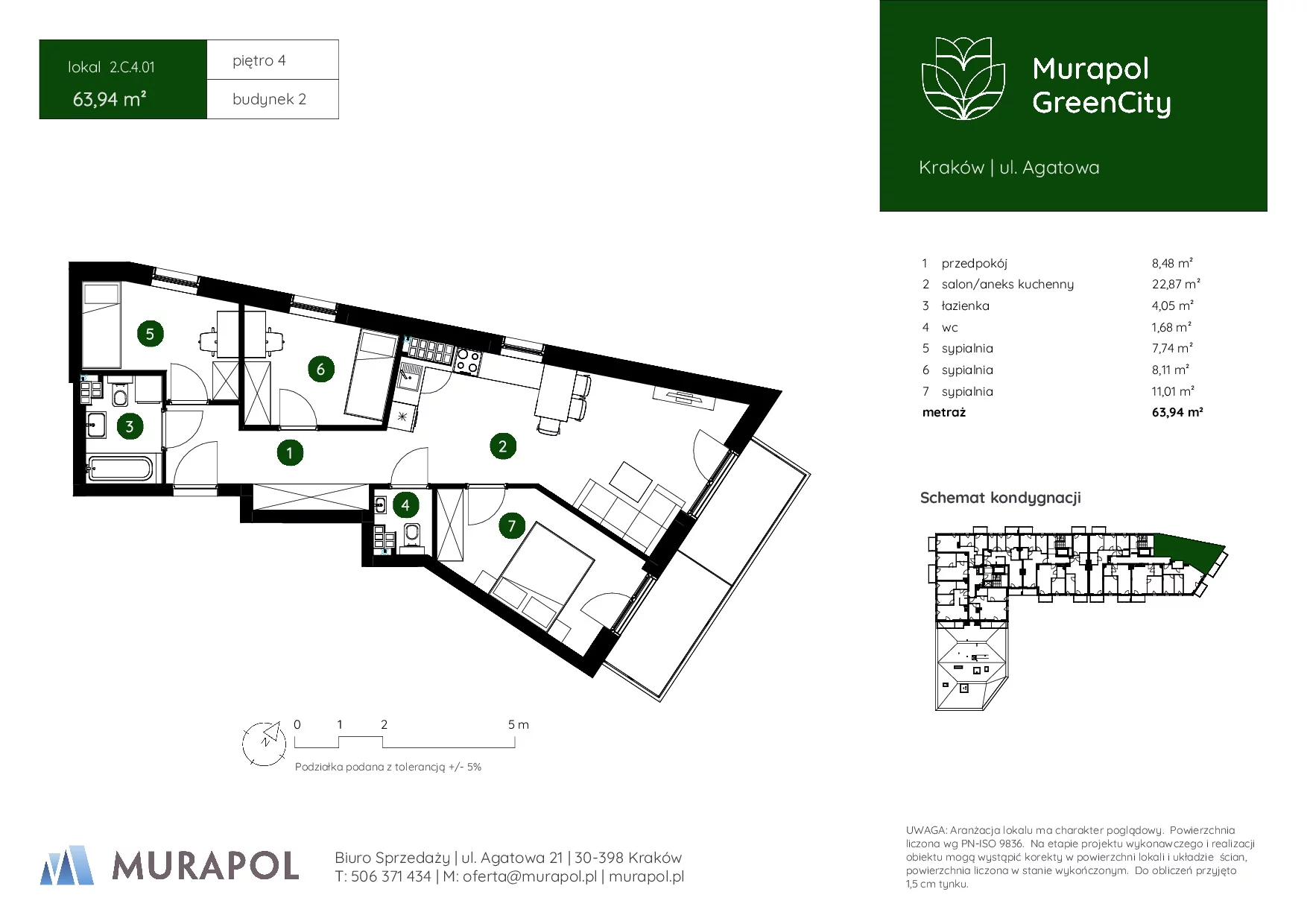 4 pokoje, mieszkanie 63,94 m², piętro 4, oferta nr 2.C.4.01, Murapol GreenCity, Kraków, Bieżanów-Prokocim, Osiedle Złocień, ul. Agatowa