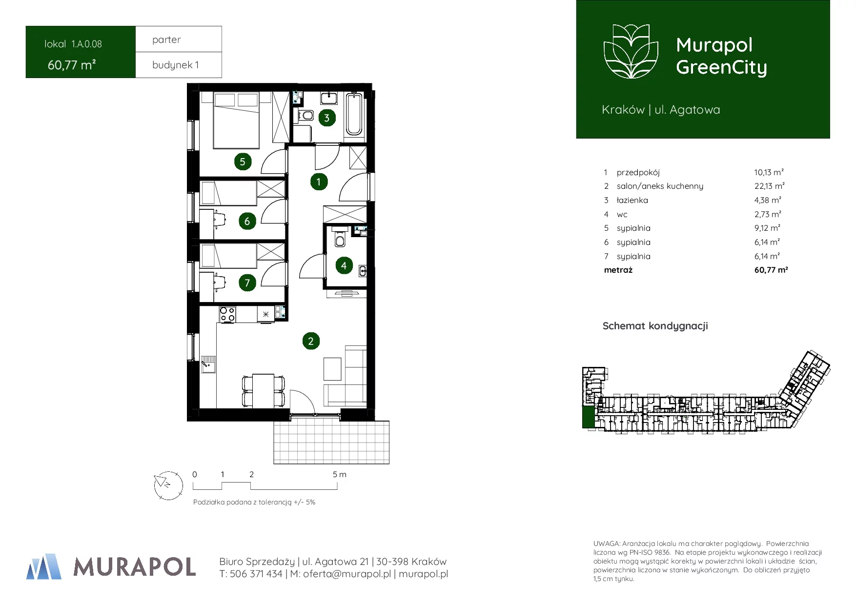 4 pokoje, mieszkanie 60,77 m², parter, oferta nr 1.A.0.08, Murapol GreenCity, Kraków, Bieżanów-Prokocim, Osiedle Złocień, ul. Agatowa