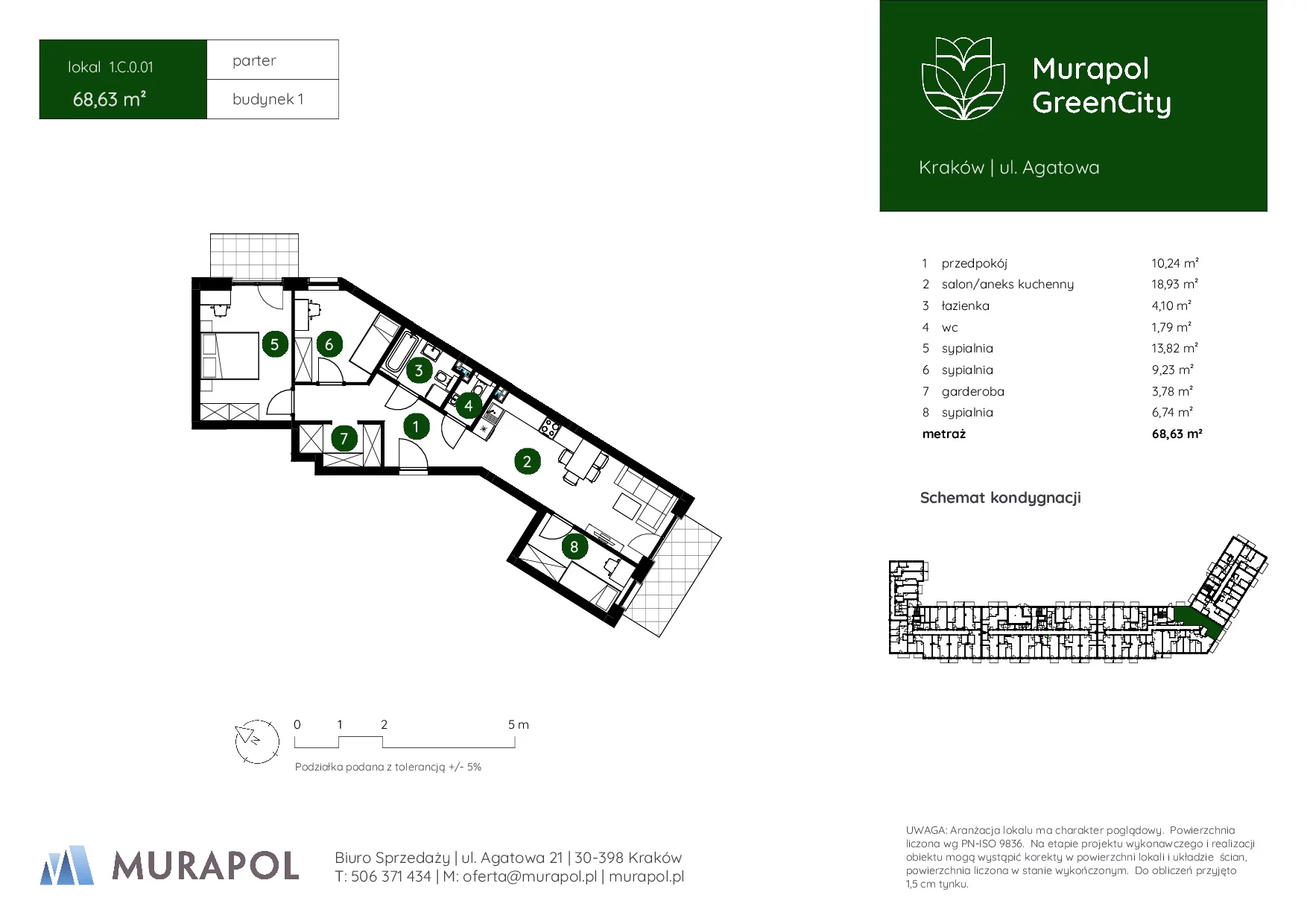 4 pokoje, mieszkanie 68,63 m², parter, oferta nr 1.C.0.01, Murapol GreenCity, Kraków, Bieżanów-Prokocim, Osiedle Złocień, ul. Agatowa
